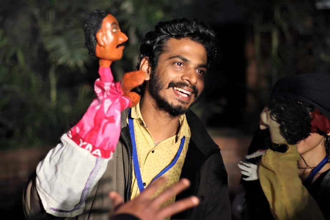 Sajeesh Pulavar with a glove puppet