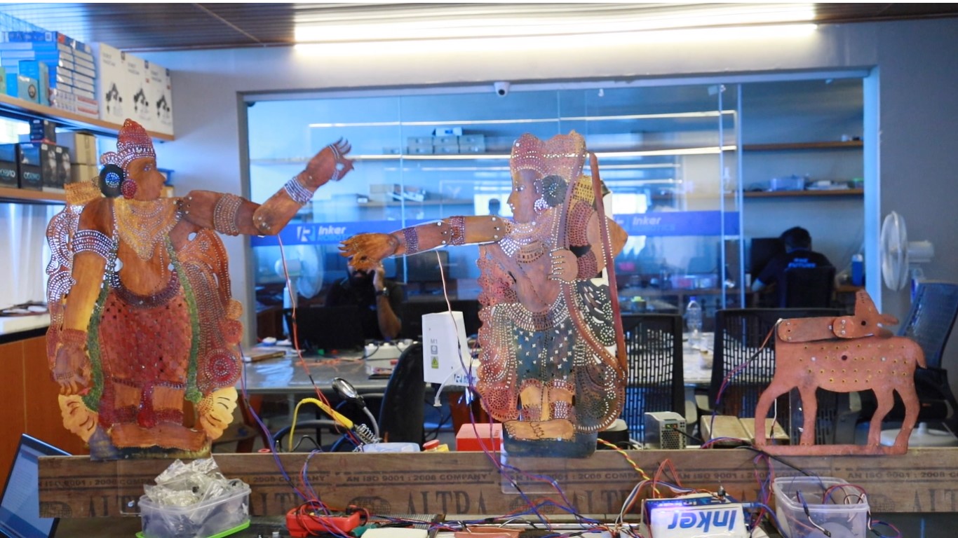 Testing the operation of robot puppetry at Inker Robotics [Photo courtesy of Rahul Balachandran]