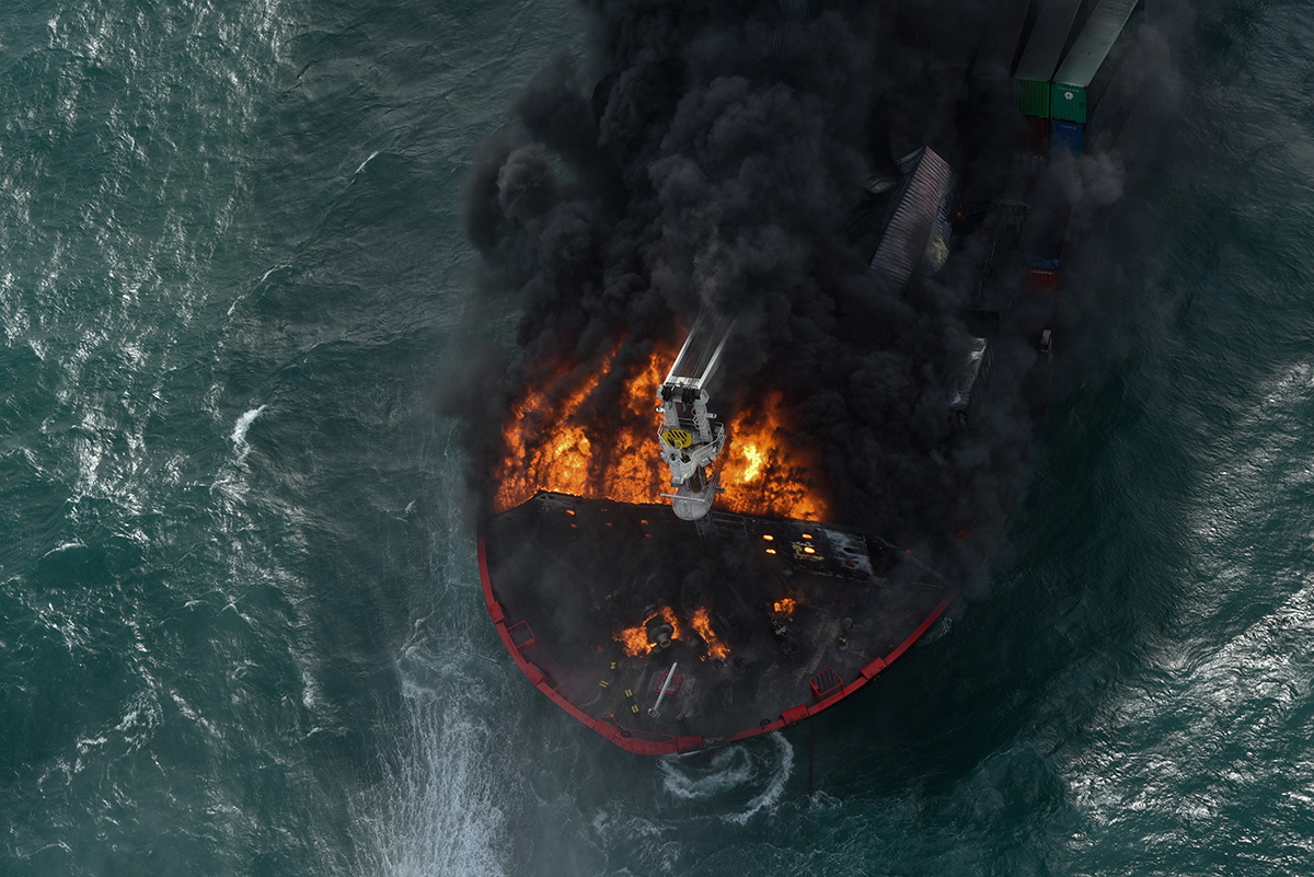 Smoke rises from a fire onboard the MV X-Press Pearl container in the seas off Colombo Harbour
