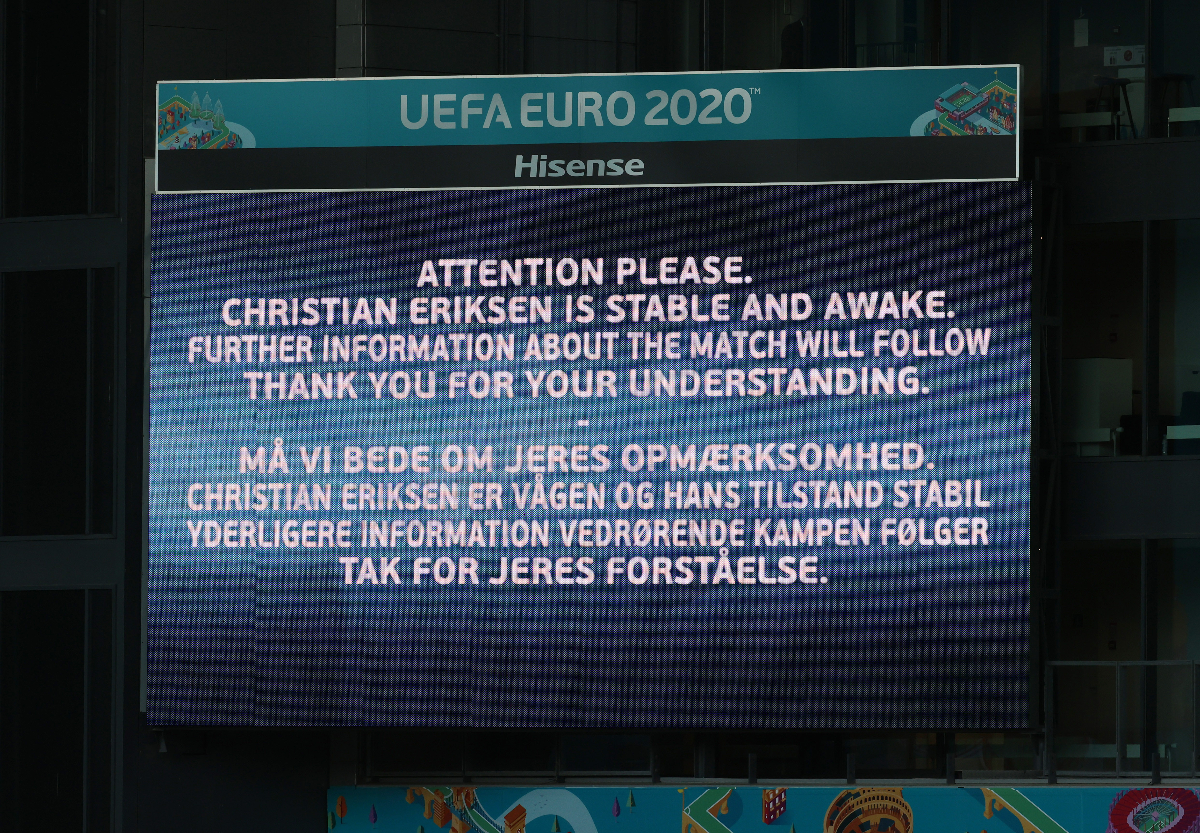 Fans were informed that Eriksen was ‘stable and awake’