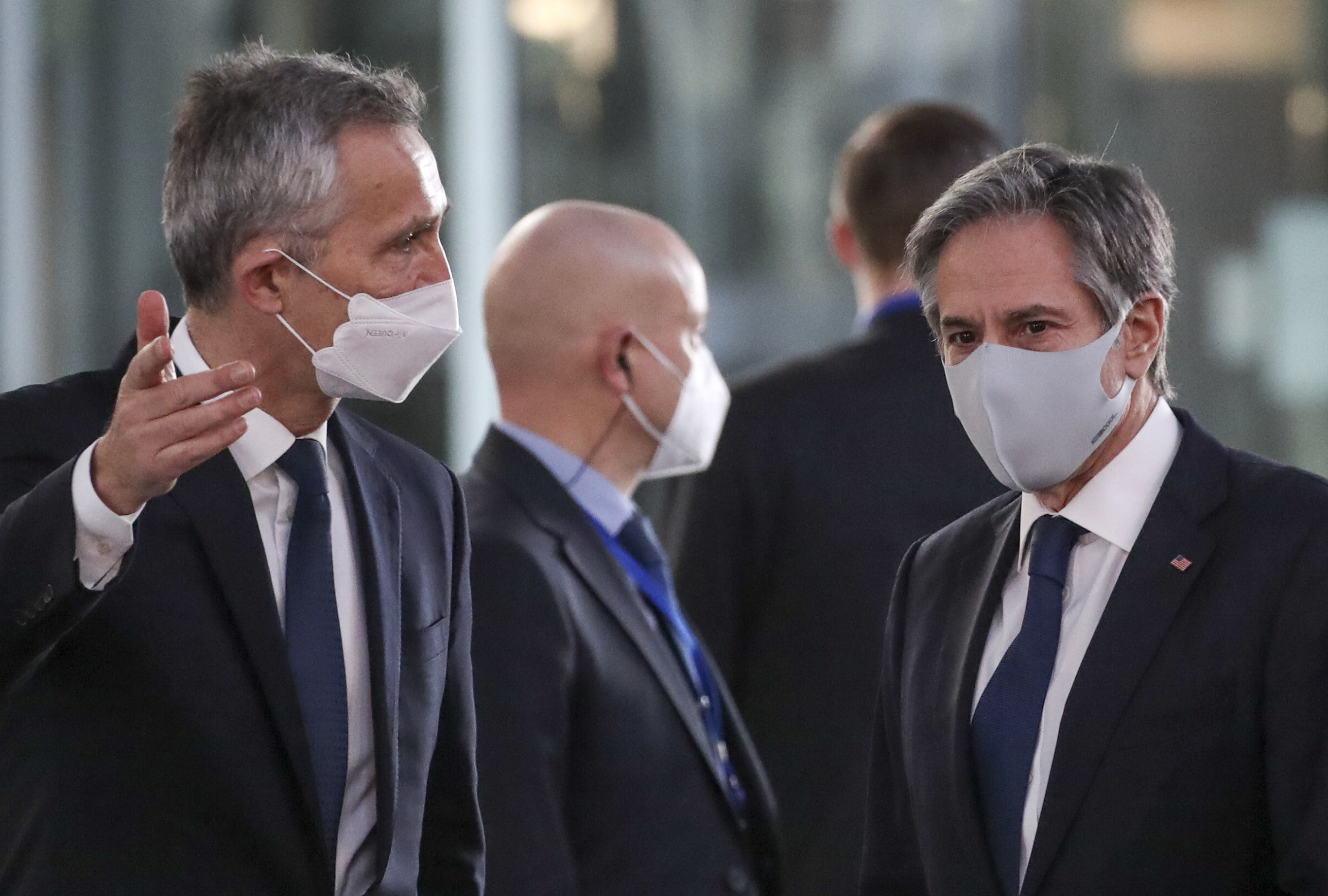 US Secretary of State Antony Blinken, right, and and NATO Secretary General Jens Stoltenberg arrive for a news conference during a meeting of NATO foreign ministers at NATO headquarters in Brussels, on March 23, 2021