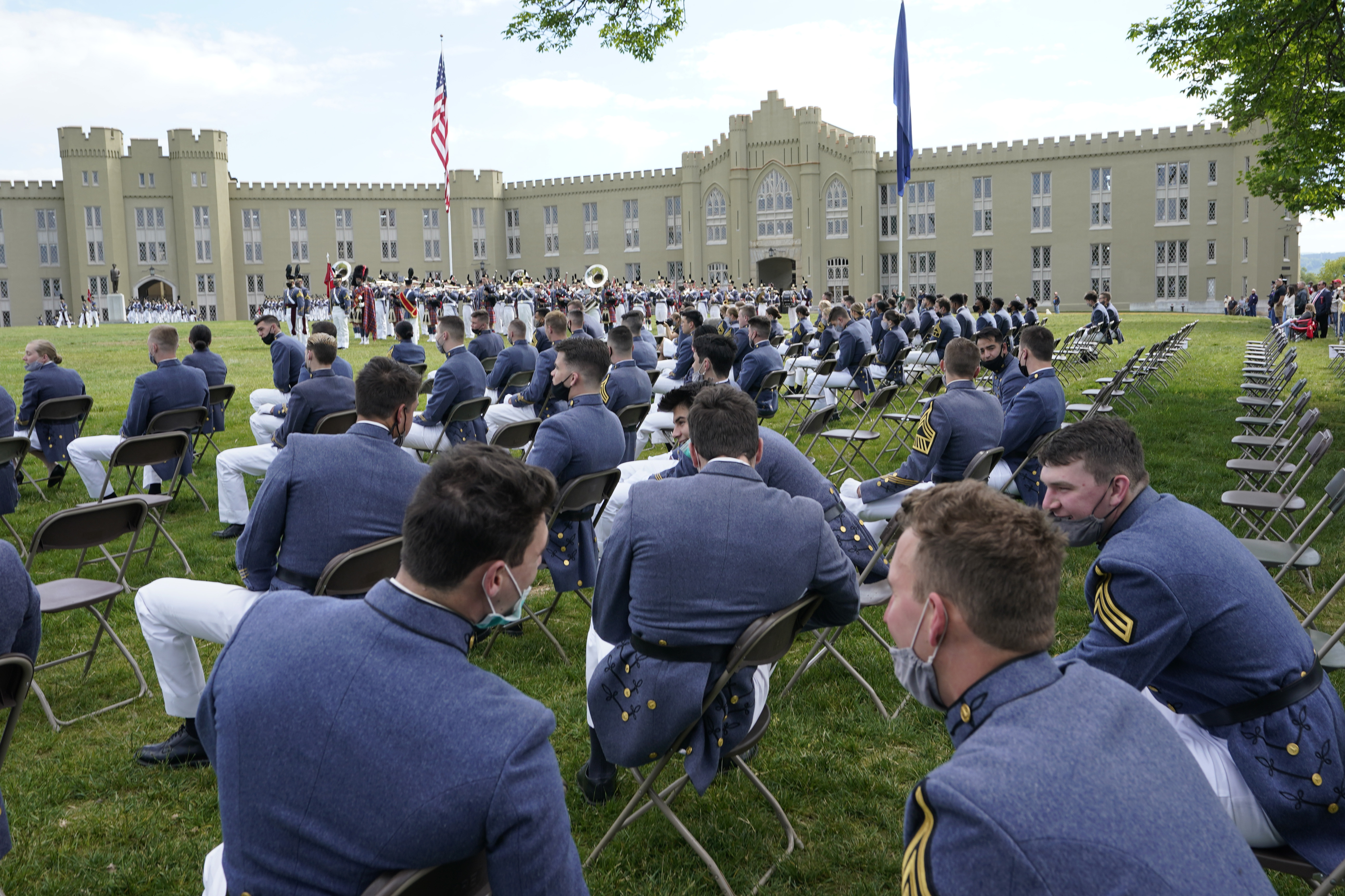 Virginia Military Institute class of 2021 watches during a change of command parade and ceremony at the school in Lexington, Virginia