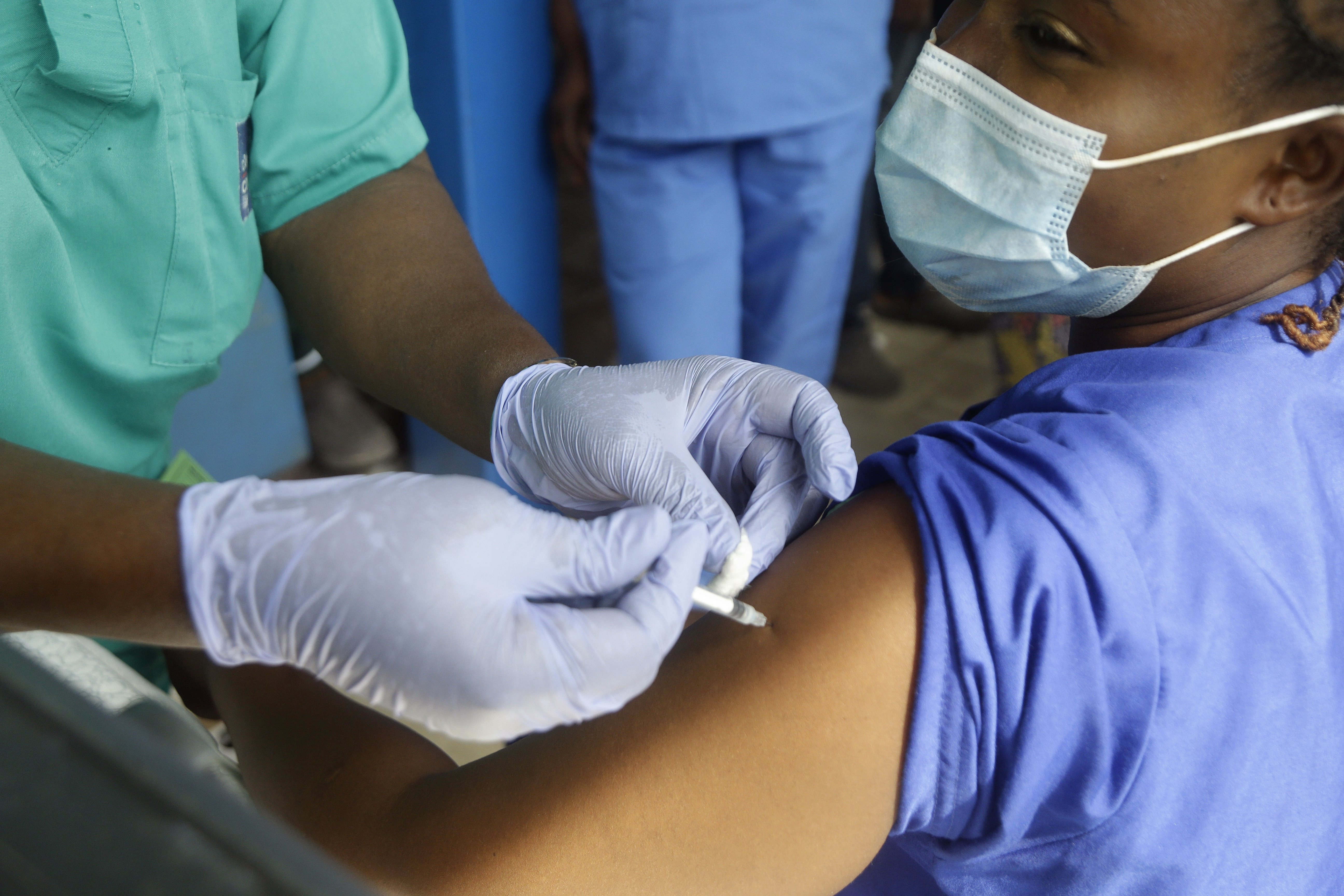 A woman receiving a vaccine dose at Yaba Mainland hospital in Lagos, Nigeria