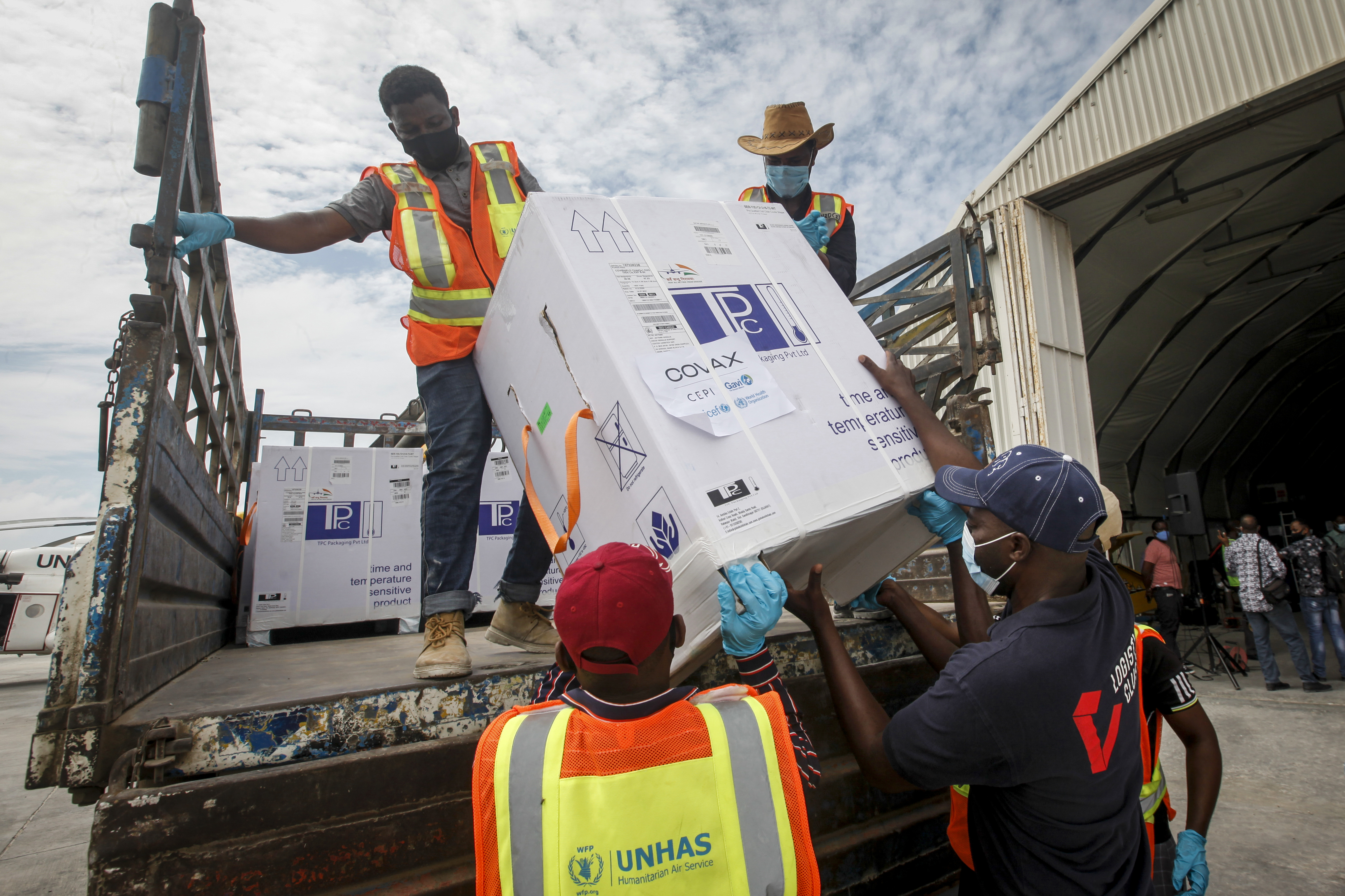 Shipment of COVID-19 vaccines provided through the COVAX global initiative arriving at the airport in Mogadishu, Somalia