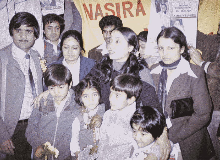 Anwar, Shuja and all of their children are reunited at Manchester airport in April 1981 [Photo courtesy of Anwar Ditta]
