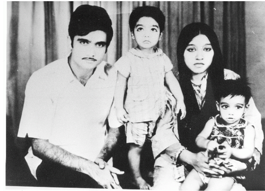 Anwar (pregnant in this photo with her third child, Saima) with her husband Shuja and their two older children, Kamran and Imran, in Pakistan in 1973 [Photo courtesy of Anwar Ditta]