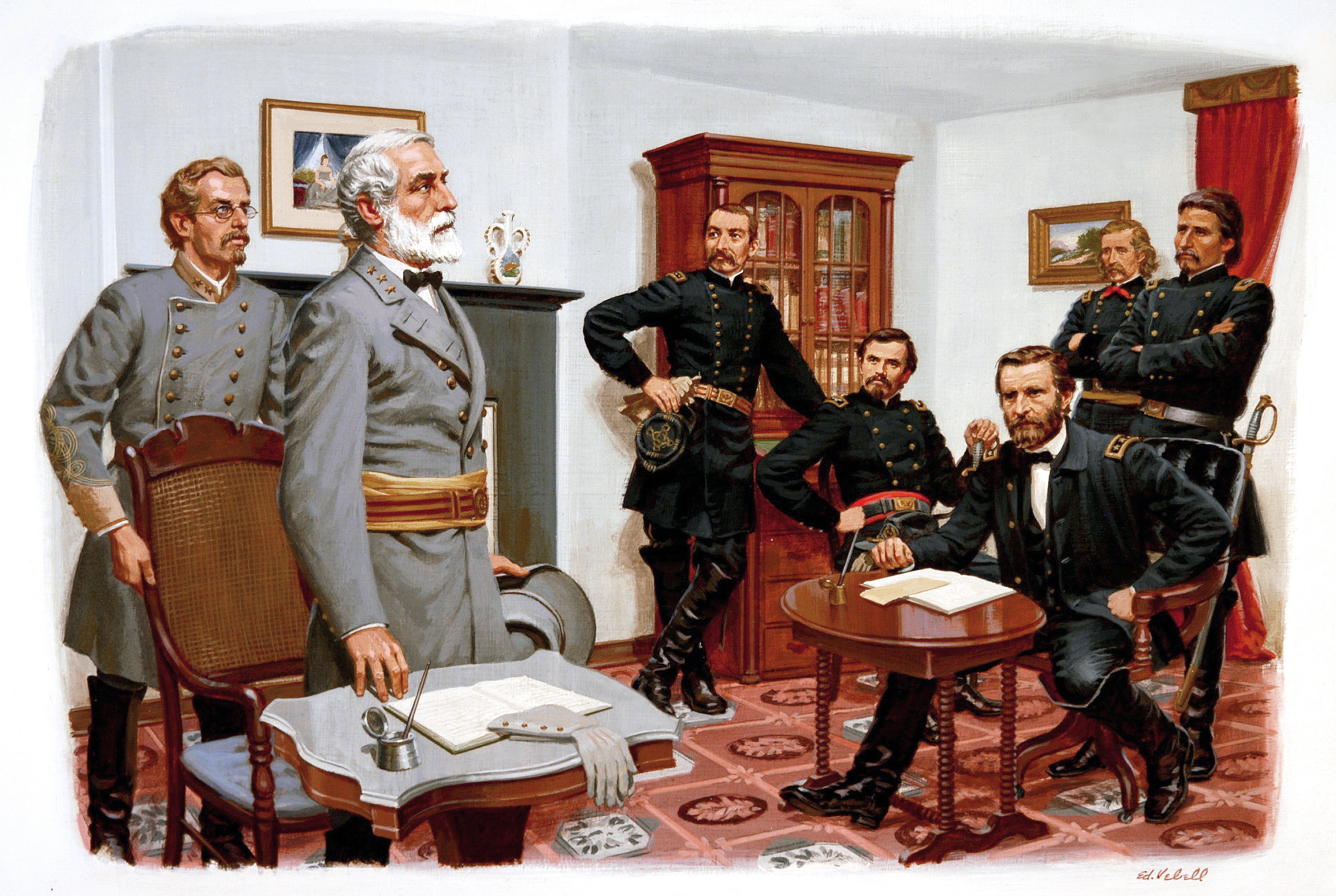 A painting depicting General Robert E Lee surrendering his Army of Northern Virginia to Union Army General Ulysses S Grant in the parlour of the house owned by Wilmer McLean on April 9, 1865, in Appomattox, Virginia