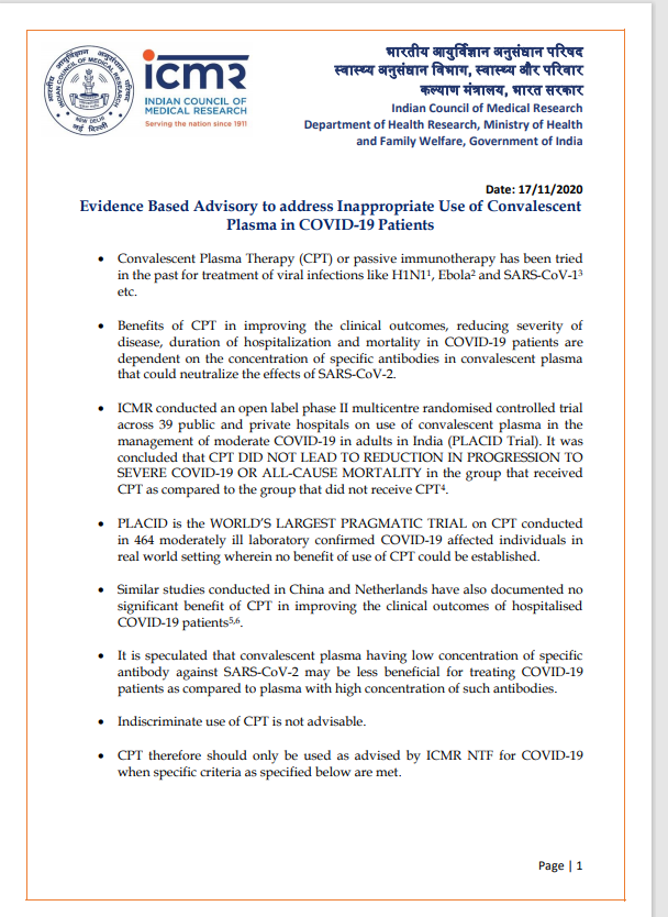ICMR letter dated November 17, 2020 on plasma therapy to fight COVID [Al Jazeera]