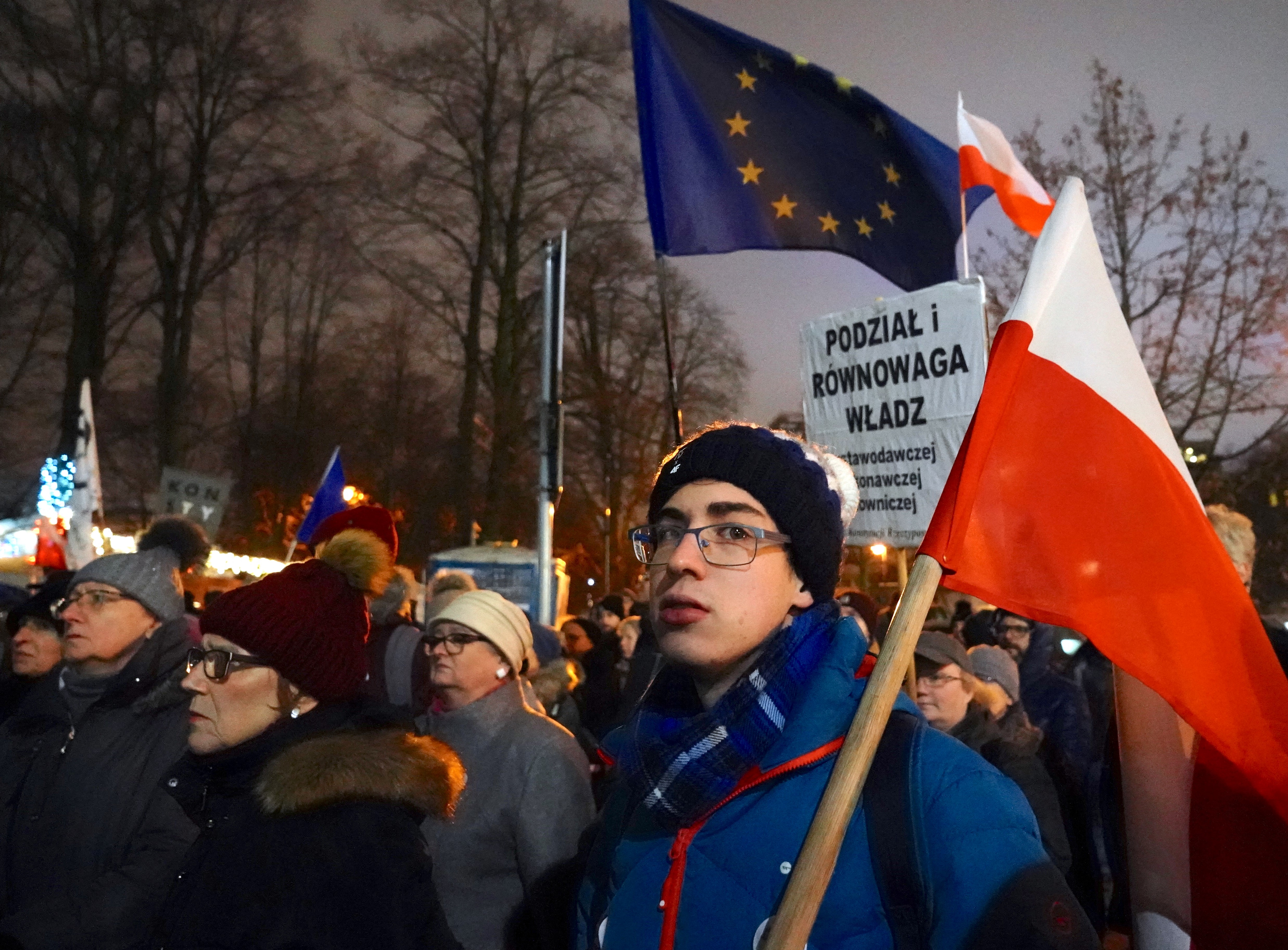 Protesters during a January 2020 rally in front of the Polish Parliament in Warsaw against judicial reforms pushed by the government