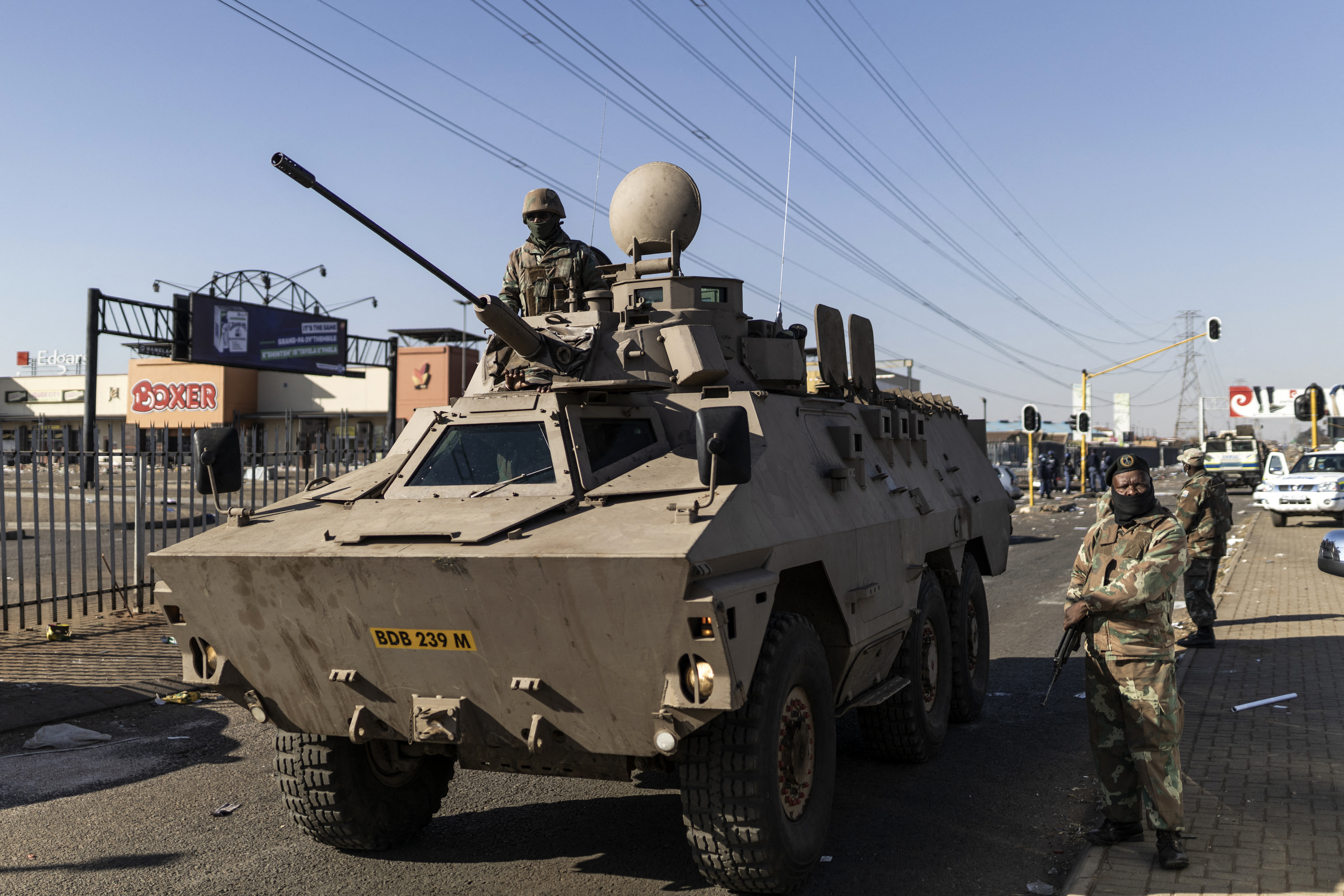 Soldiers and an armoured vehicle outside the Chris Hani Mall in Vosloorus, on the northern outskirts of Johannesburg