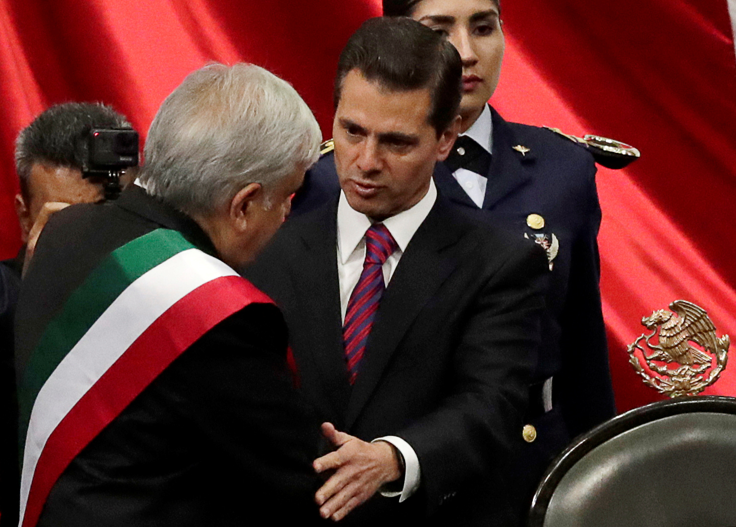 Enrique Pena Nieto congratulates President Andres Manuel Lopez Obrador on becoming president during his inauguration ceremony in congress, in Mexico City, Mexico on December 1, 2018