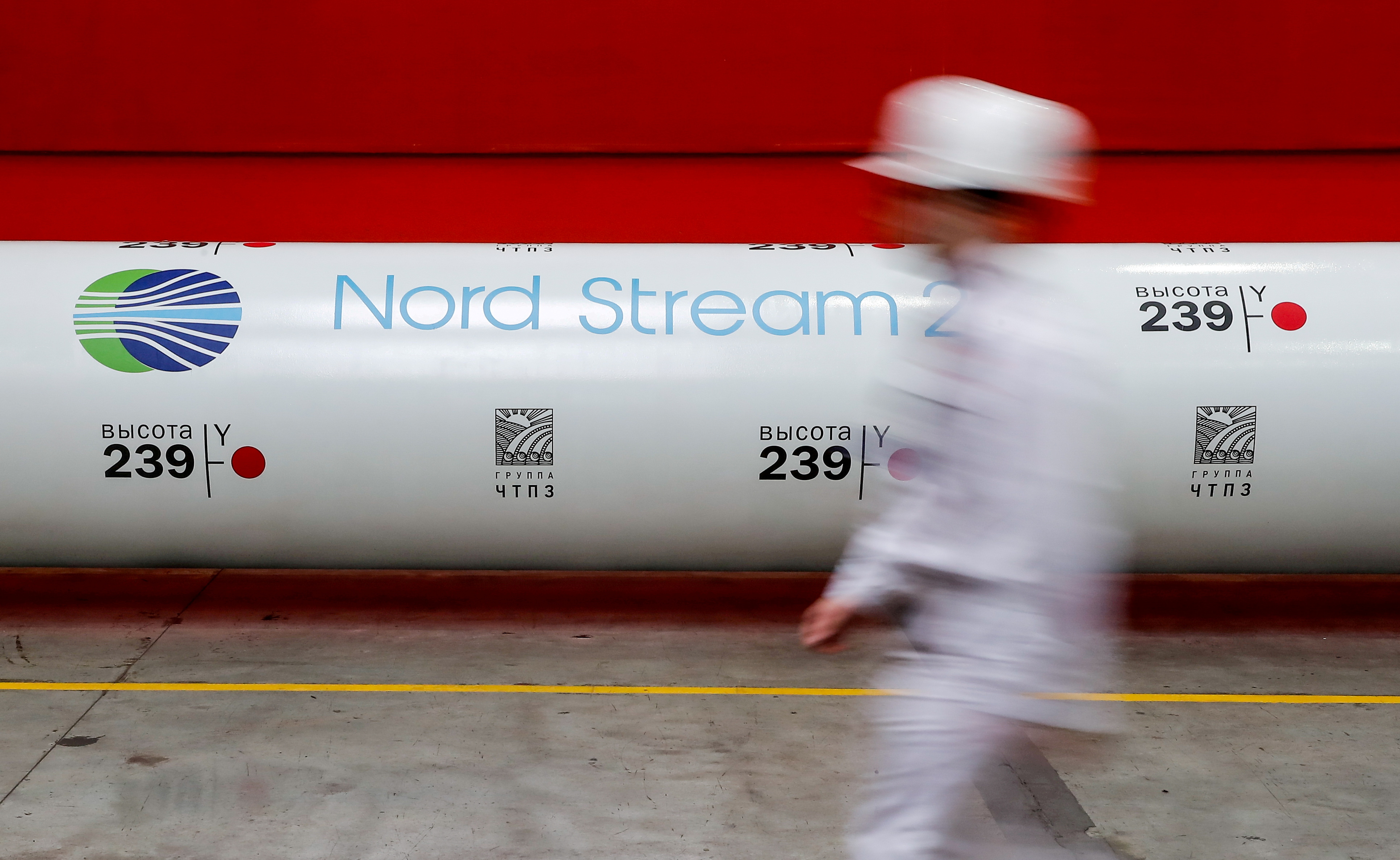 The logo of the Nord Stream 2 gas pipeline project on a pipe at the Chelyabinsk pipe rolling plant in Chelyabinsk, Russia