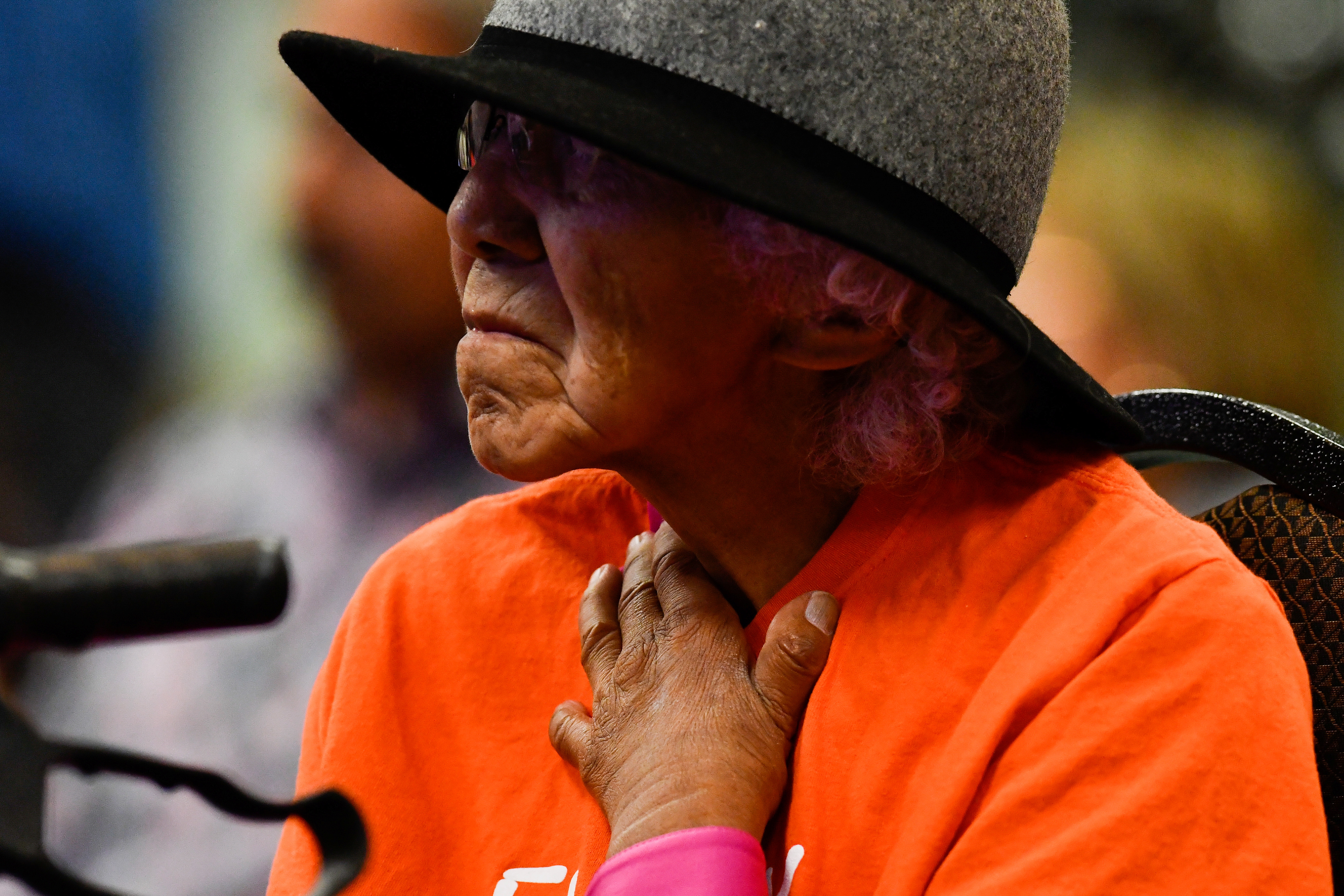Residential school survivor Mona Jules takes part in a presentation of the findings on 215 unmarked graves discovered at Kamloops Indian Residential School in Kamloops, British Columbia, Canada, July 15, 2021