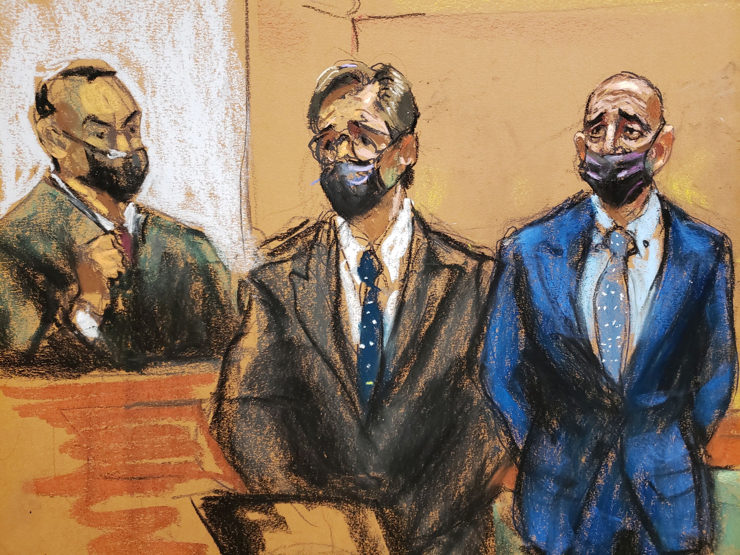 Courtroom sketch of Thomas Barrack standing beside his lawyer Matt Herrington in the courtroom of US Magistrate Judge Sanket Bulsara during his arraignment hearing at the Brooklyn Federal Courthouse in Brooklyn, New York
