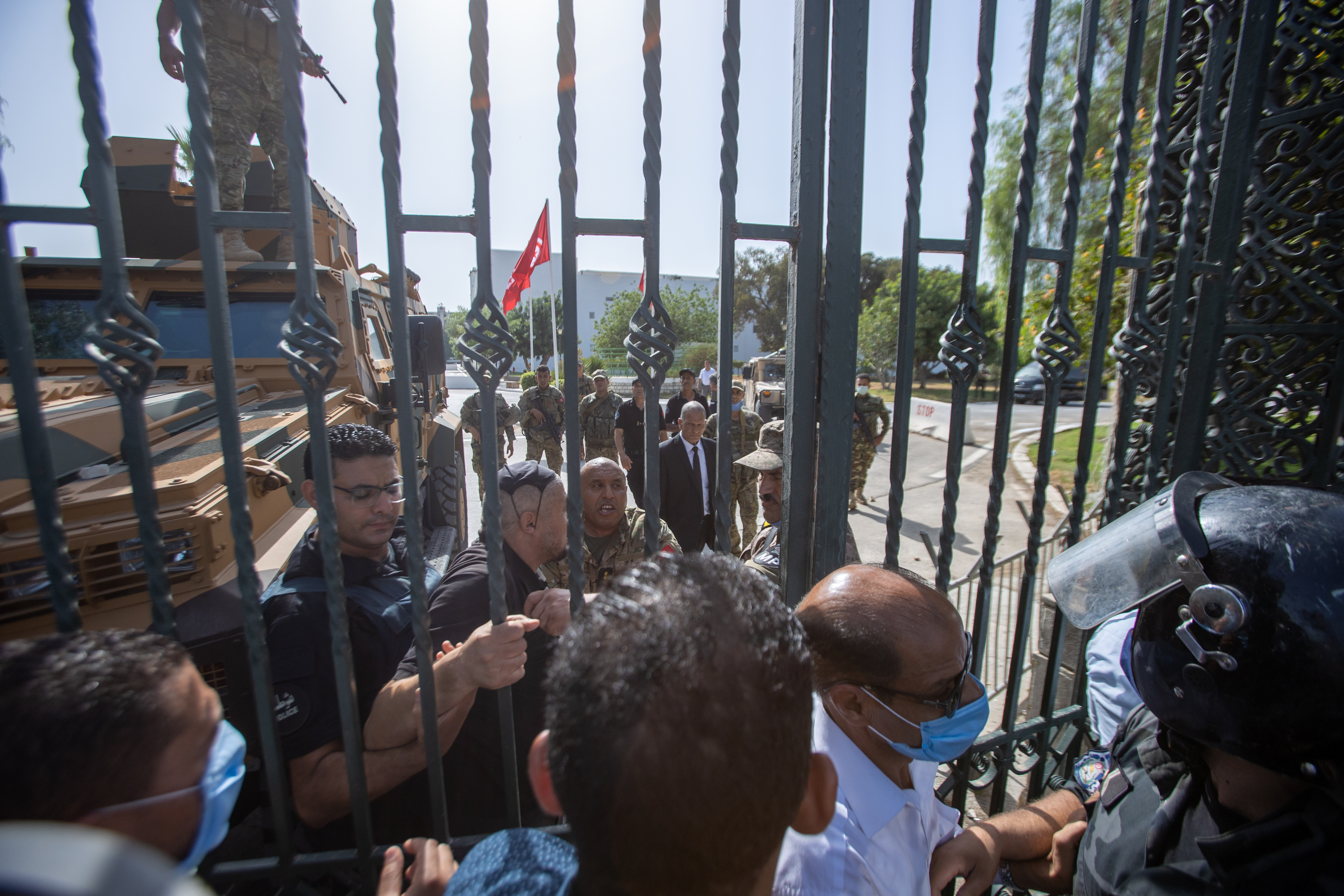 Security forces take security around parliament building as supporters and opponents of the coup gather in front of parliament building in Tunis, Tunisia on July 26, 2021