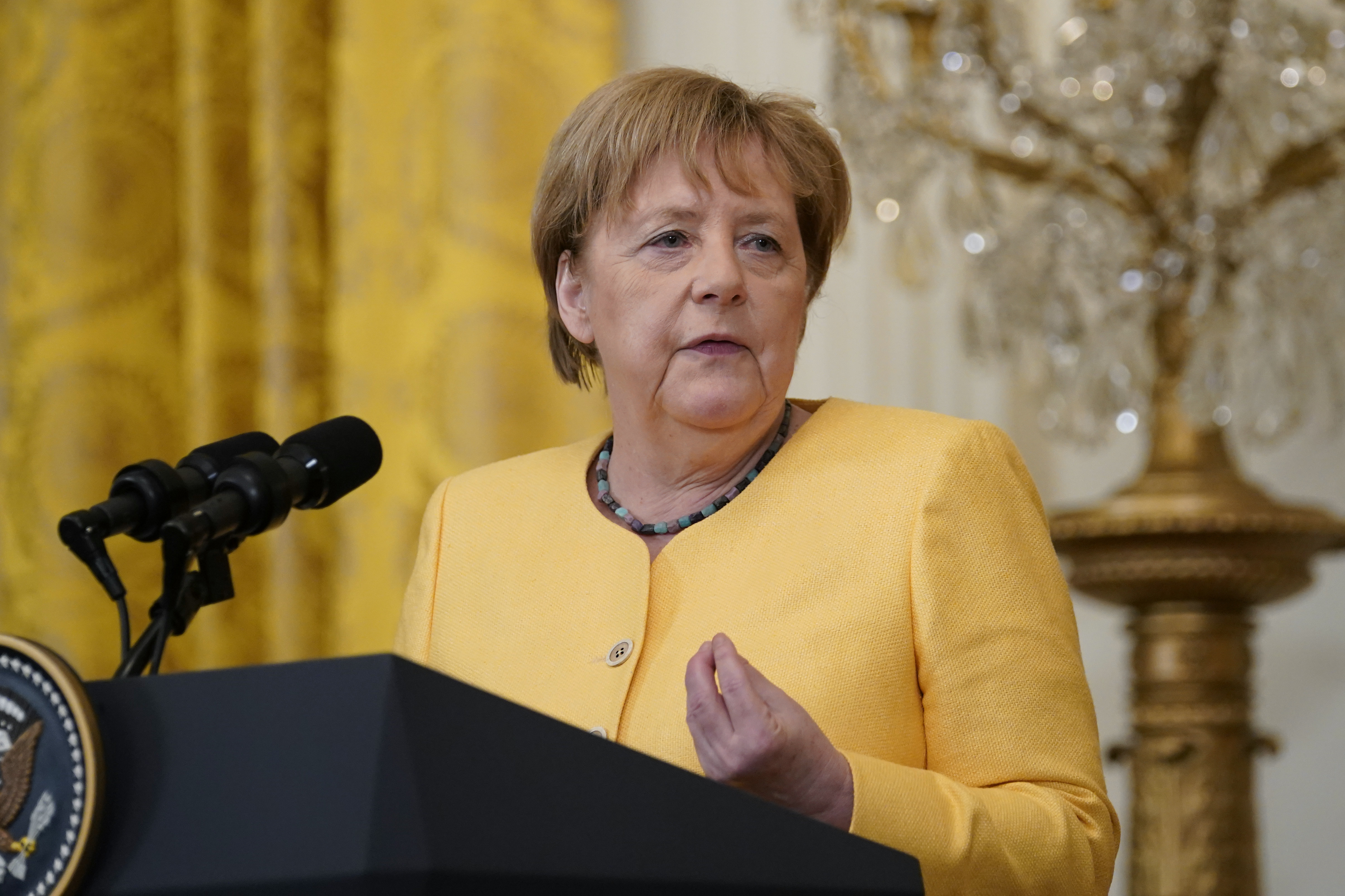 German Chancellor Angela Merkel during a news conference with President Joe Biden in the East Room of the White House in Washington, on July 15, 2021.