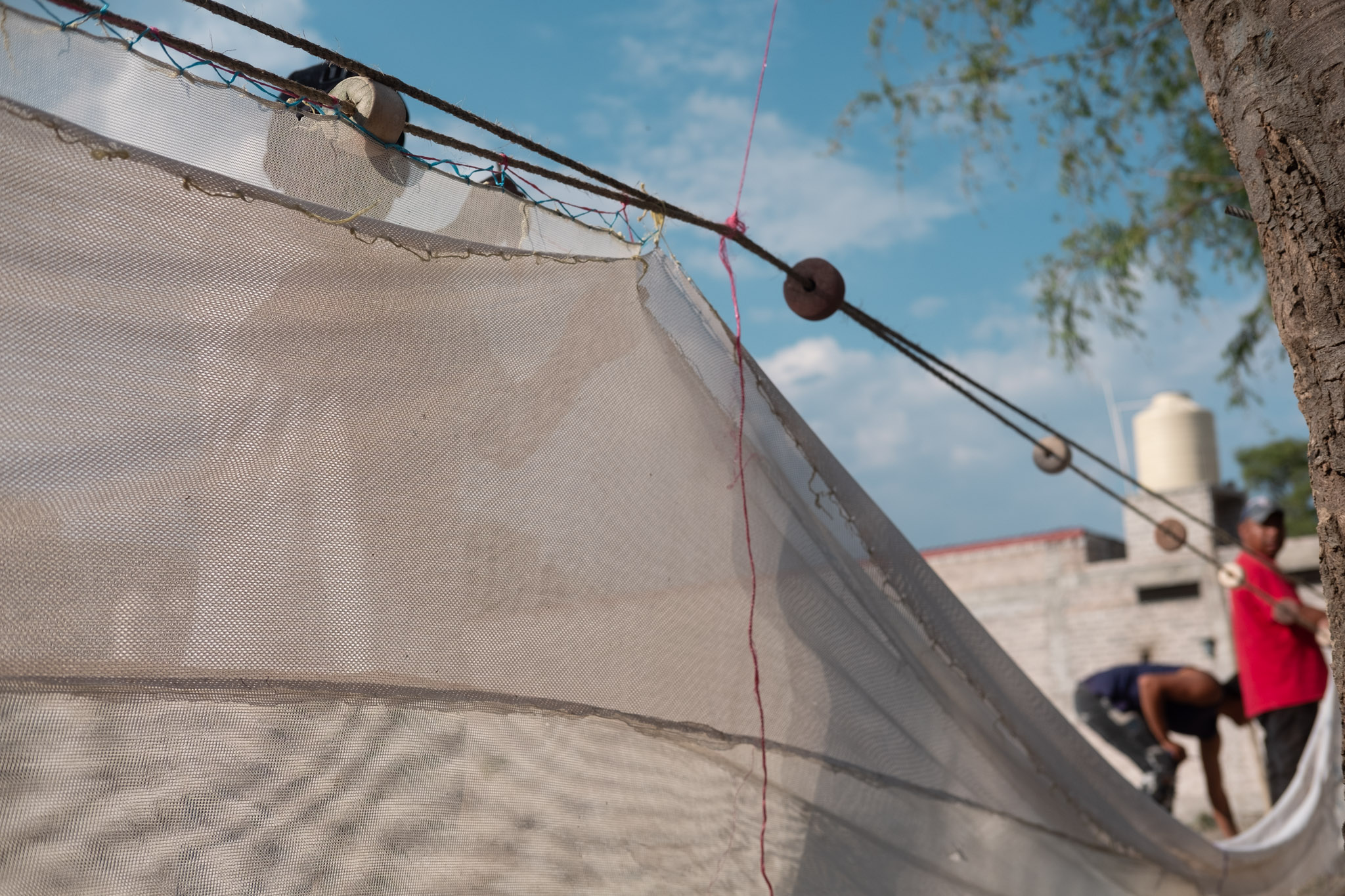 The fishermen of La Palma prepare a new fishing net near their home. They plan to use it in Iramuco, an hour-long drive away, the only place in Lake Cuitzeo that still holds water