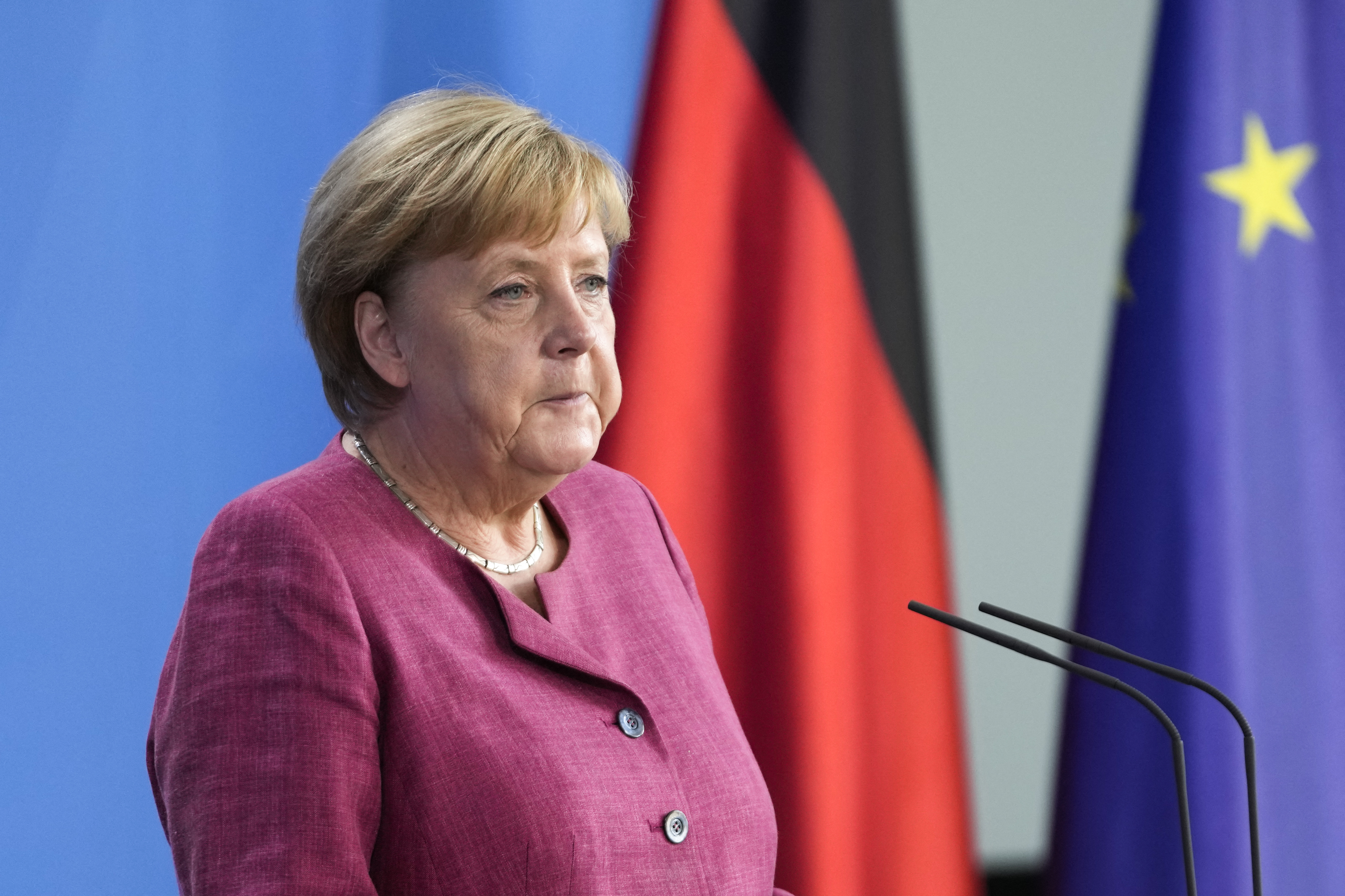 German Chancellor Angela Merkel delivers a press conference following a virtual G7 summit on the crisis triggered by Taliban’s return to power in Afghanistan, at the Chancellery in Berlin, on August 24, 2021