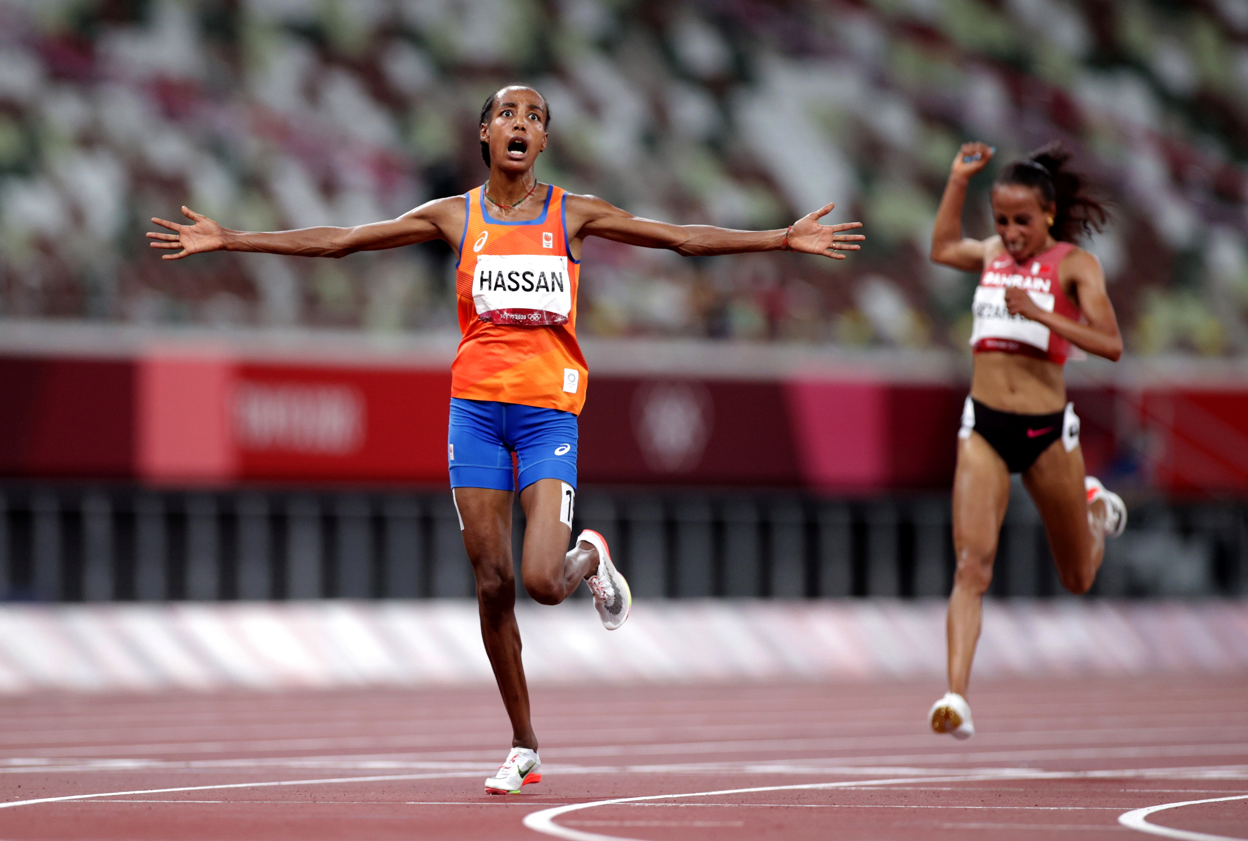 Sifan Hassan of the Netherlands reacts after winning gold