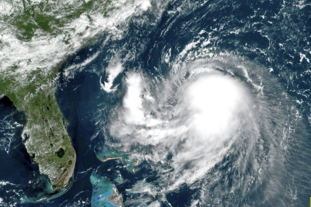 Satellite photo showing Henri in the Atlantic ocean off the US on Saturday August 20 [NOAA via AP]