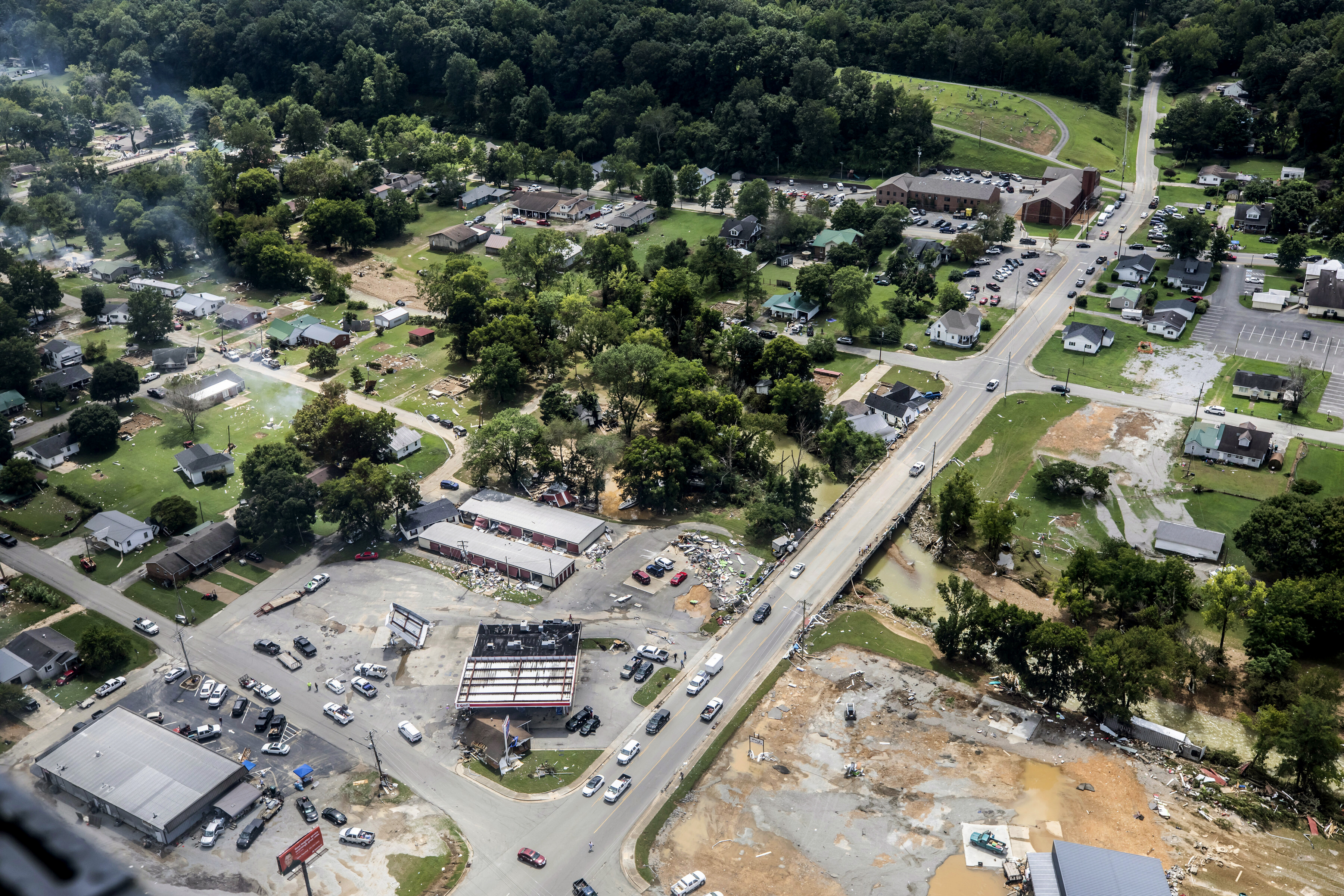 Flood damage is photographed from a Tennessee National Guard UH-60 Black Hawk helicopter flying Governor Bill Lee to Waverly, Tennessee, on Sunday, August 22, 2021