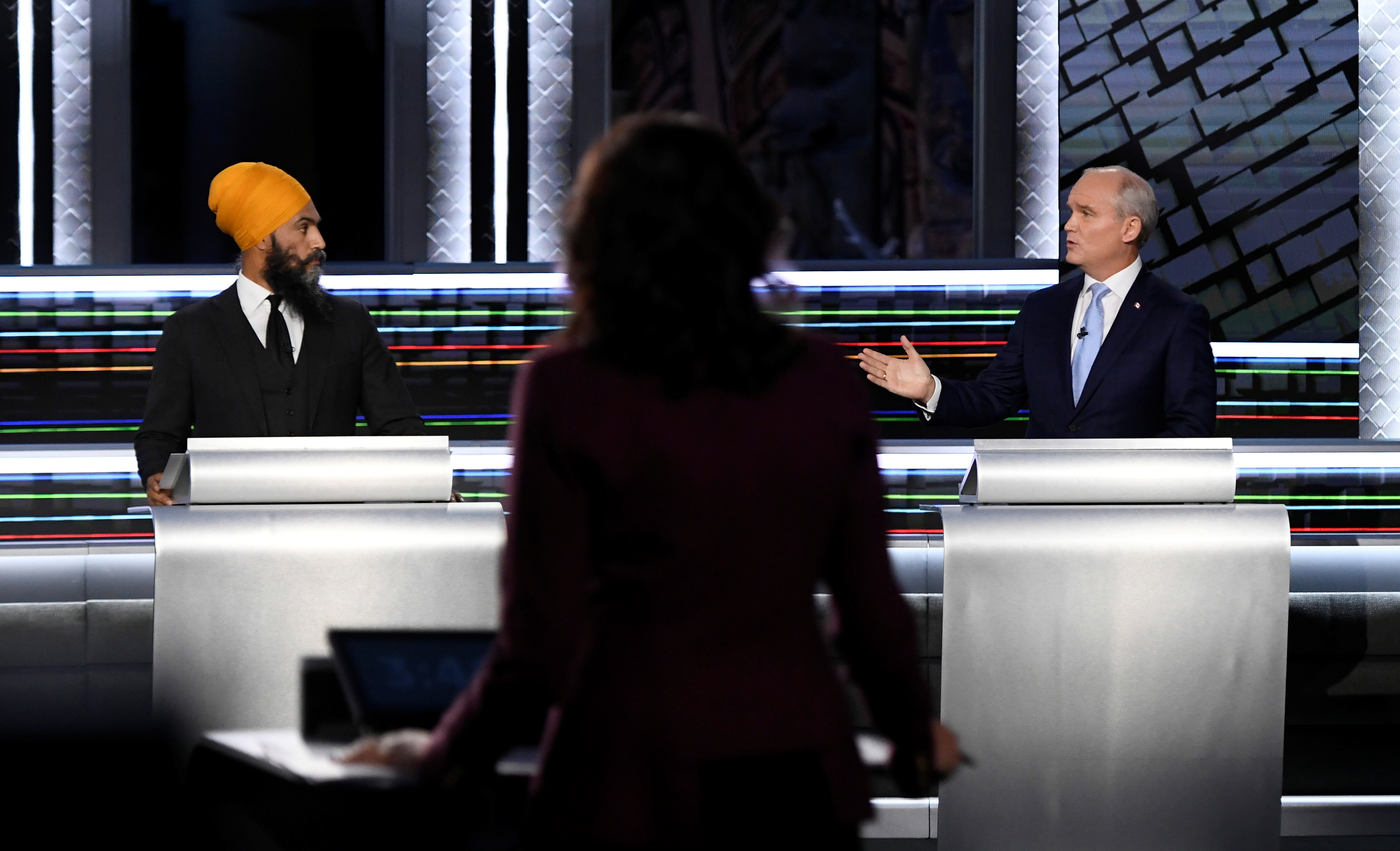 New Democratic Party Jagmeet Singh, left, and Conservative Leader Erin O’Toole debate on Thursday