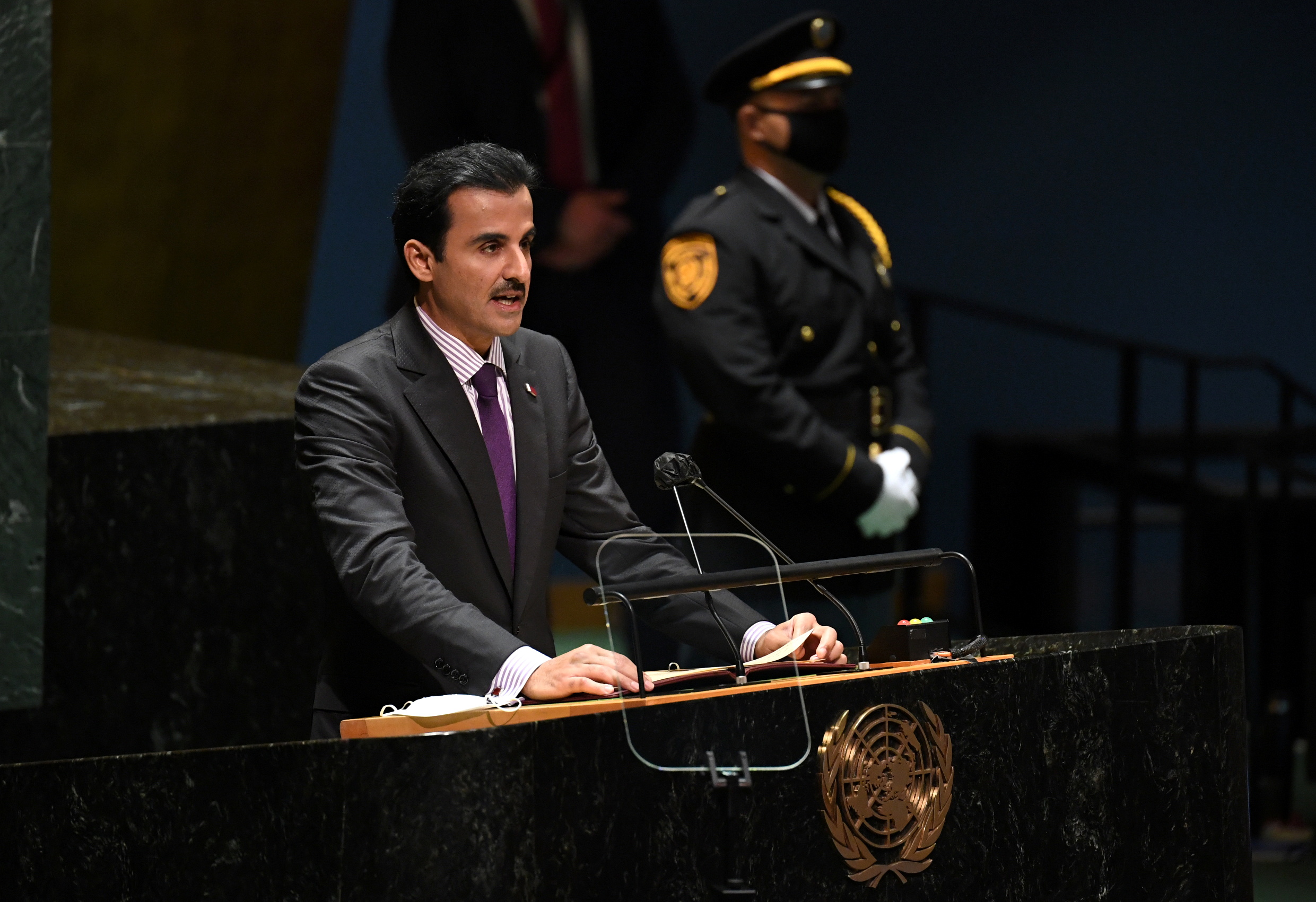 Qatar’s Emir Sheikh Tamim bin Hamad Al Thani speaks during the 76th session of the General Assembly at UN Headquarters in New York