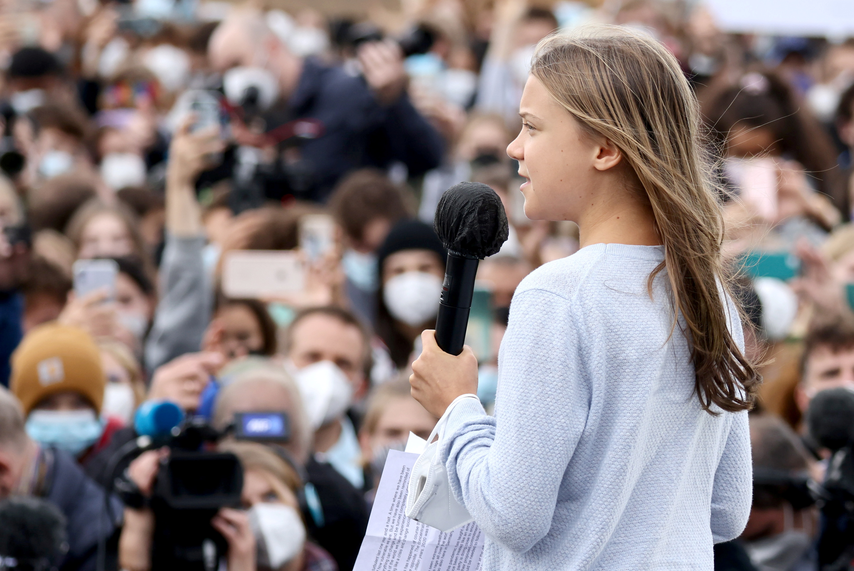 Swedish environmental activist Greta Thunberg speaks during the Global Climate Strike of the movement Fridays for Future in Berlin, Germany, on September 24, 2021