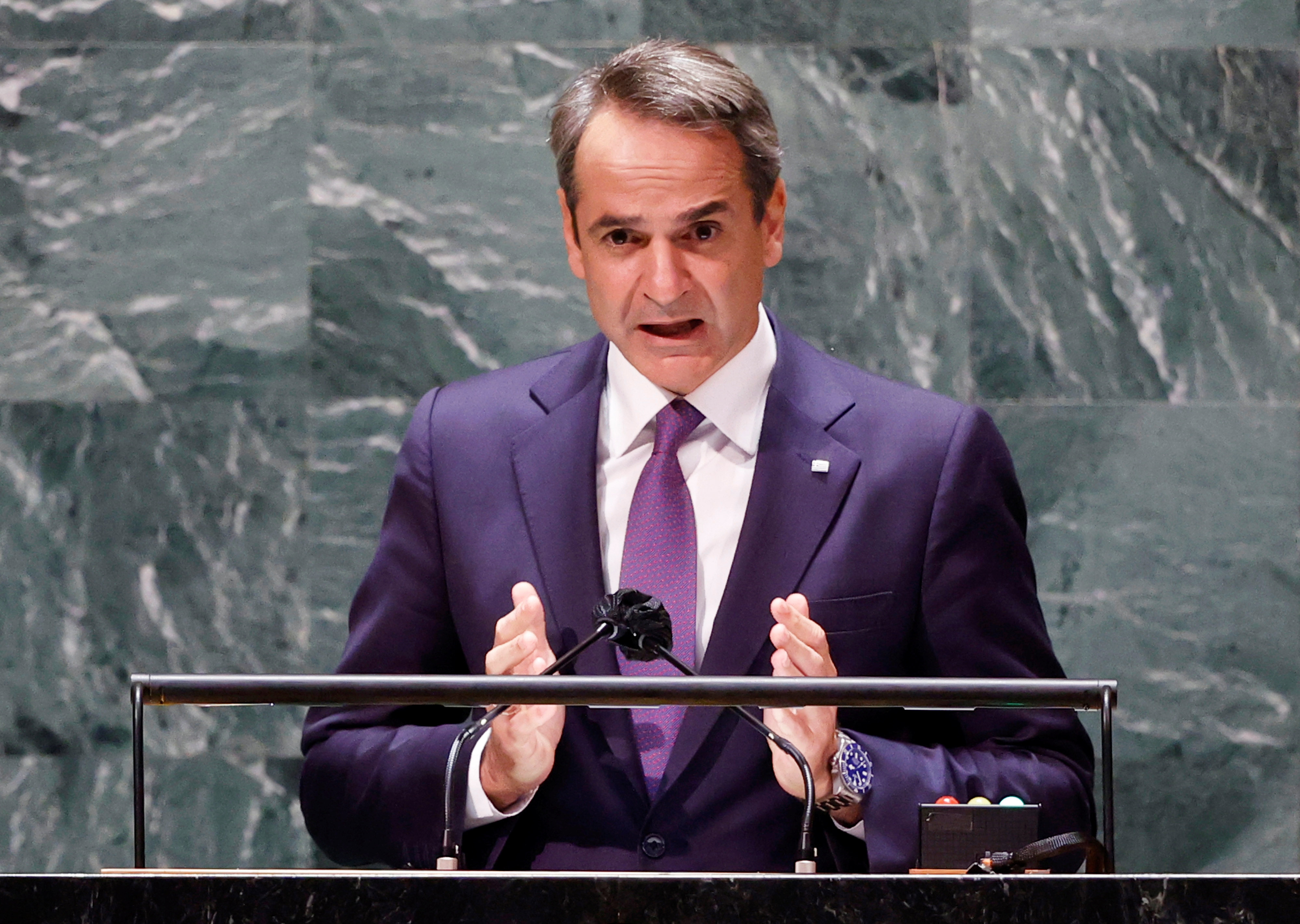 Greece’s Prime Minister Kyriakos Mitsotakis speaks at the UN General Assembly