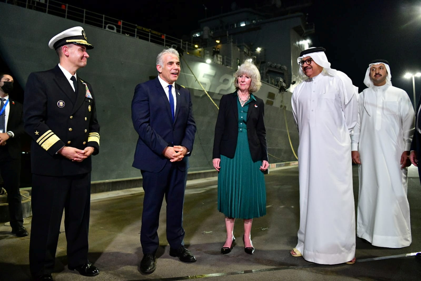 Israeli Foreign Minister Yair Lapid, US Navy Vice Admiral Brad Cooper and Bahrain’s Foreign Minister Abdullatif al-Zayani, visit the US 5th Fleet base in Bahrain, September 30, 2021