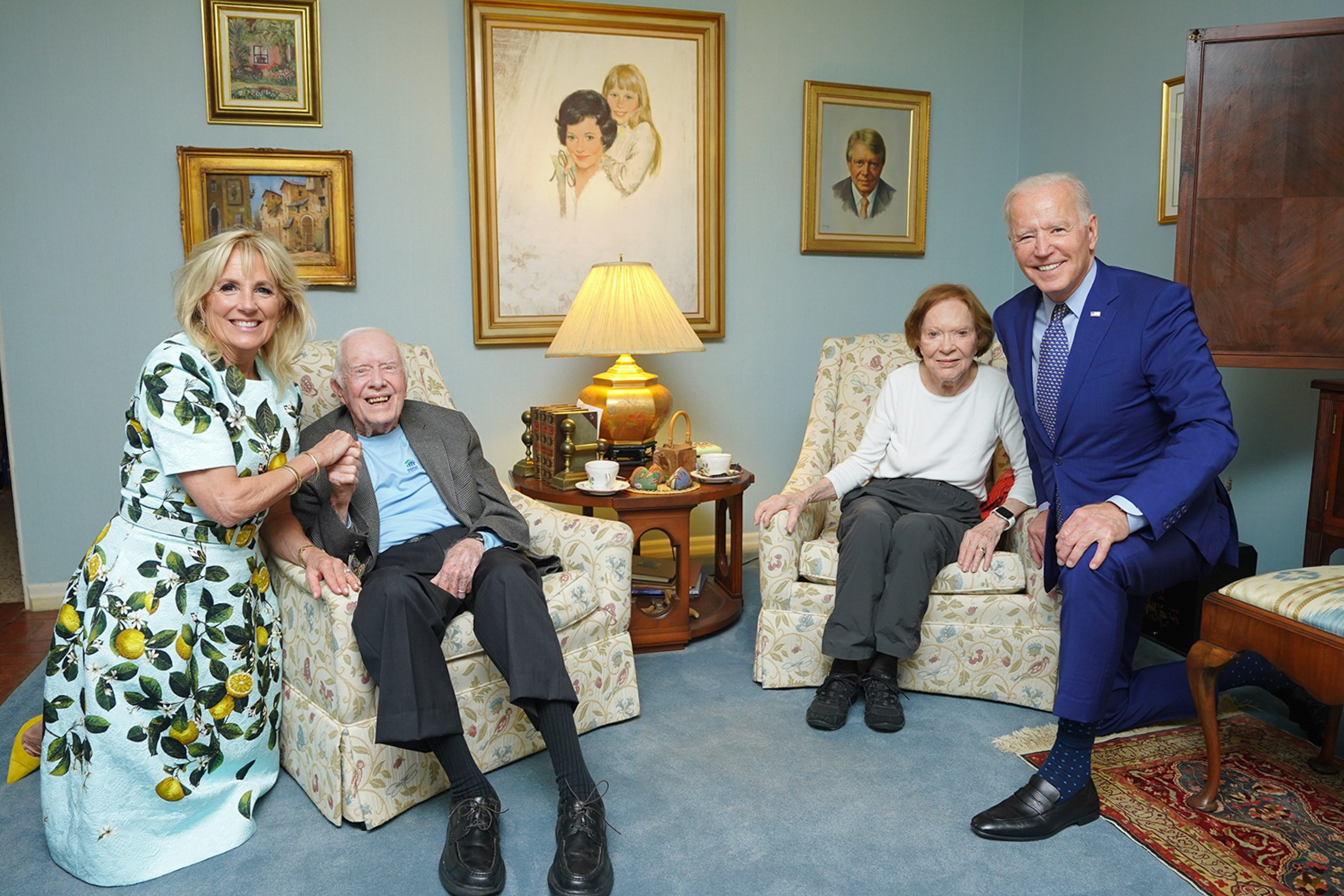 Former President Jimmy Carter and former first lady Rosalynn Carter pose for a photo with President Joe Biden and First Lady Jill Biden at the home of the Carters in Georgia