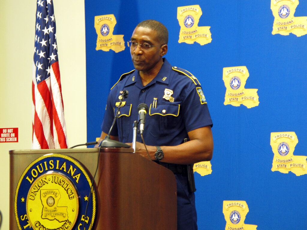 Louisiana State Police leader Lamar Davis speaks to reporters on September 10 amid a widening federal investigation into state police misconduct