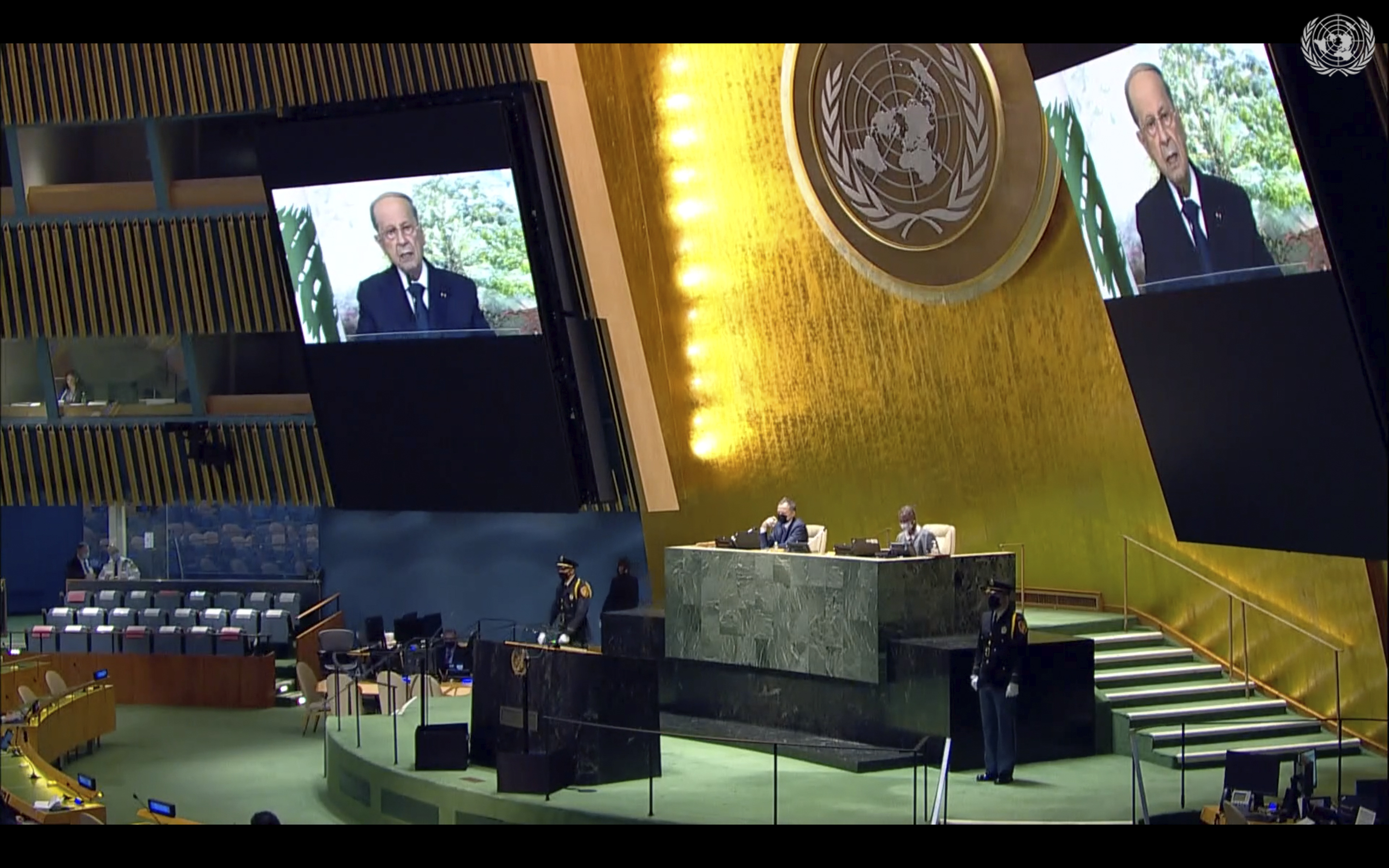 Lebanese President Michel Aoun remotely addresses the 76th session of the UN General Assembly in a pre-recorded message [The Associated Press]