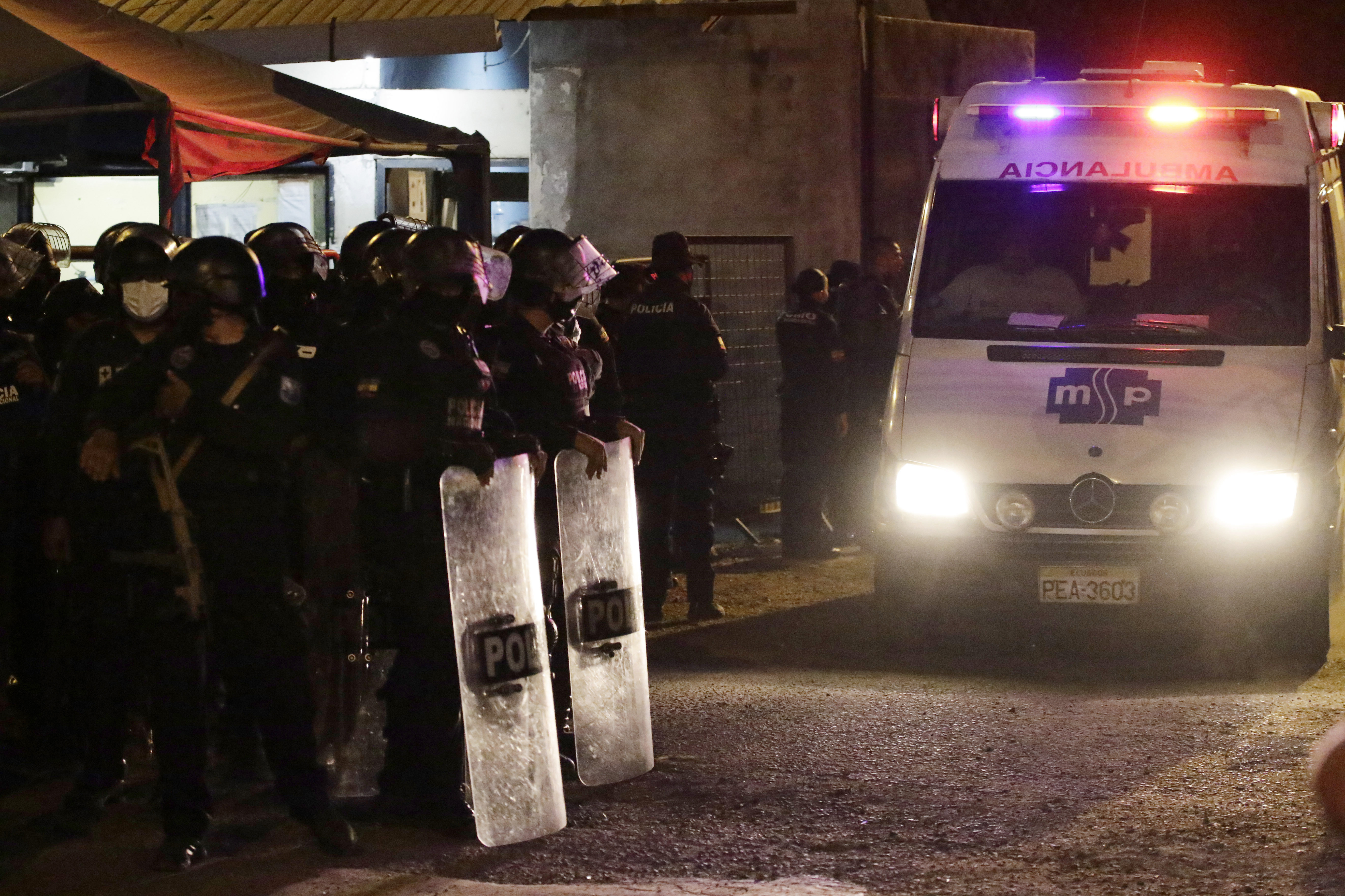 An ambulance leaves the Litoral penitentiary, Guayaquil, Ecuador, September 28. A police and military operation regained control of the prison, according to a statement from Ecuador’s prison service, but reported at least 24 dead and 48 injured during the riot