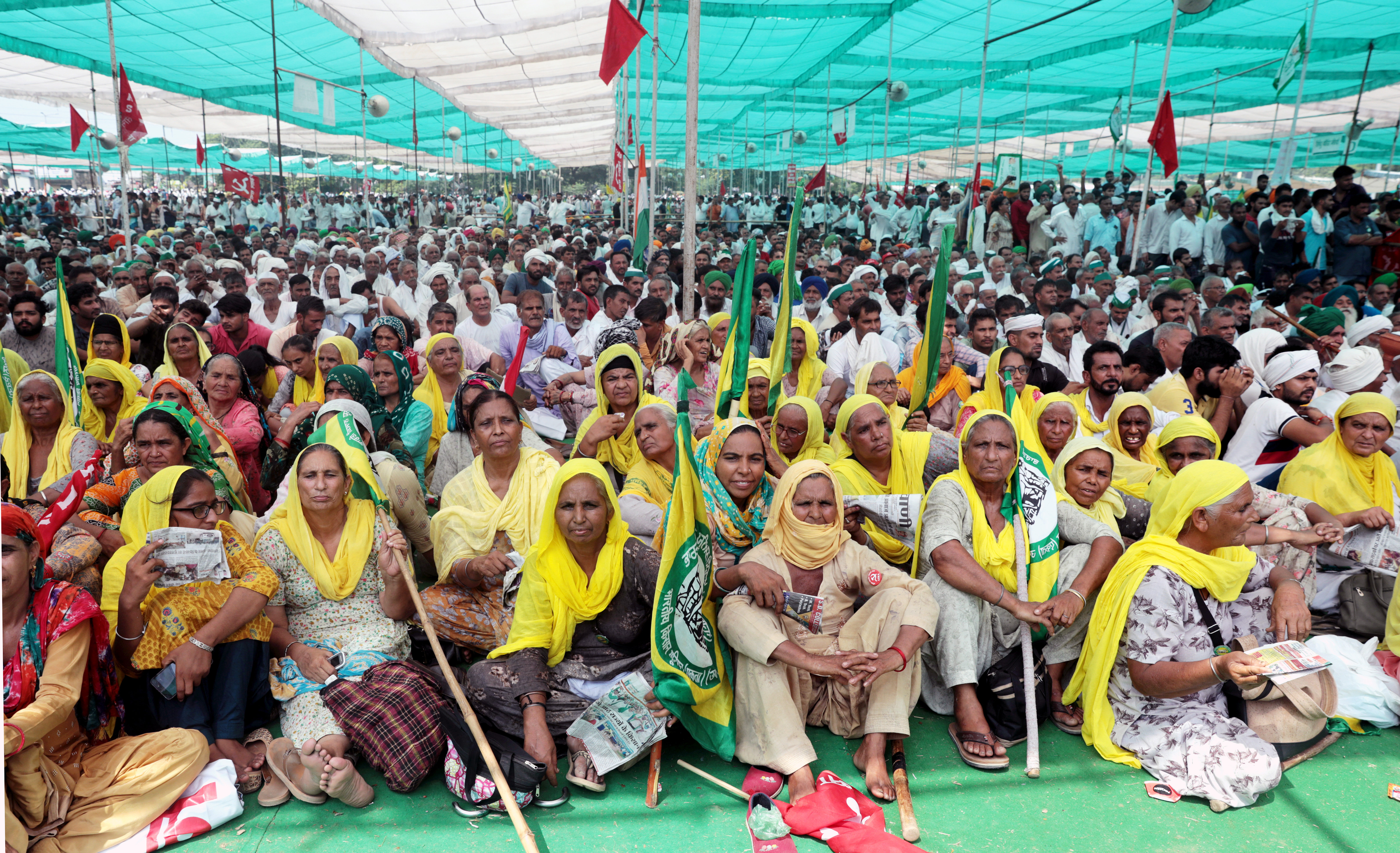 Indian farmers and their supporters attend a gathering in Muzaffarnagar, Uttar Pradesh