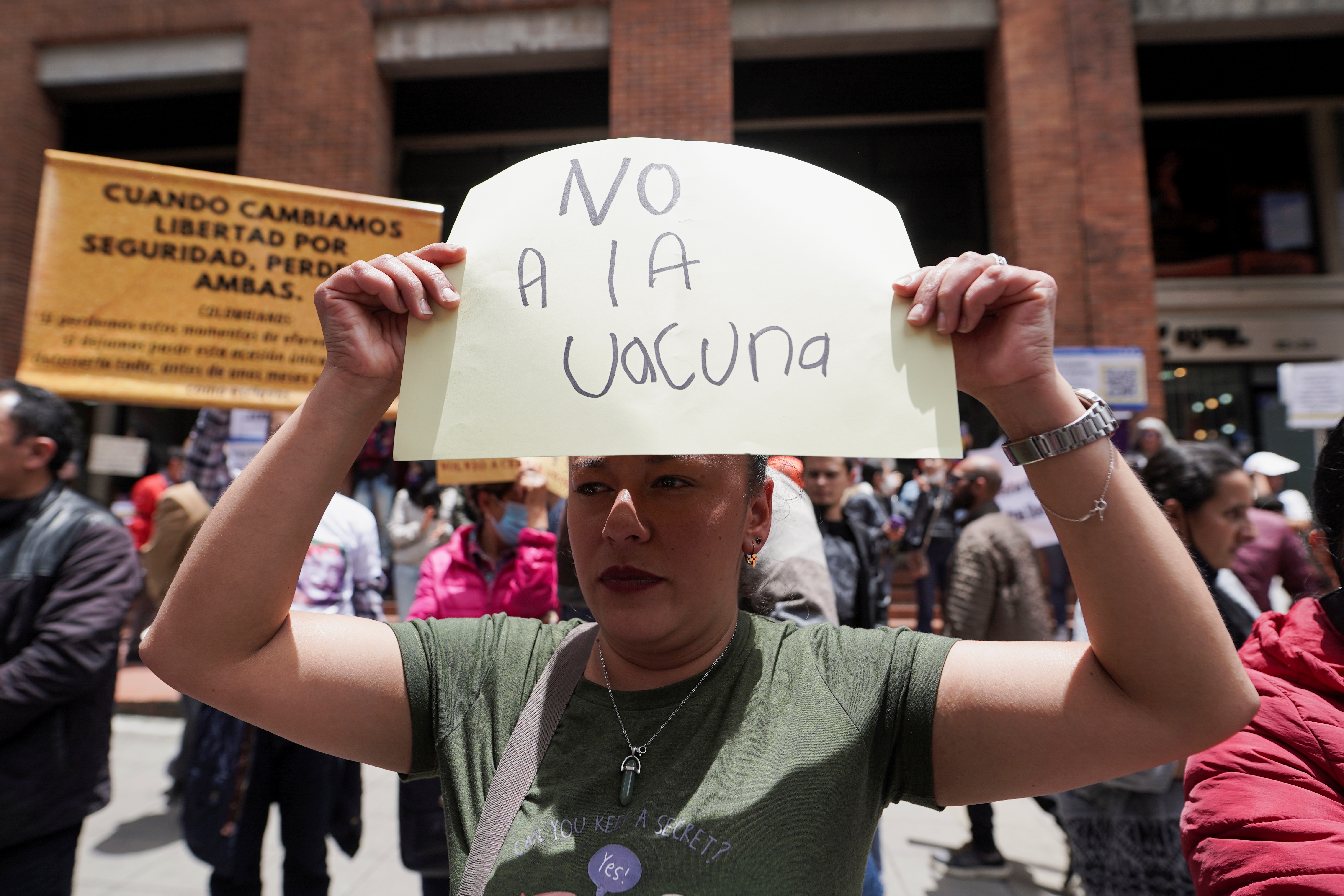 Vaccine hesitancy and anti-vaccine movements, fueled by misinformation, are also a persistent challenge in the region. This banner in a protest in Bogota, Colombia, reads, ‘No vaccine’