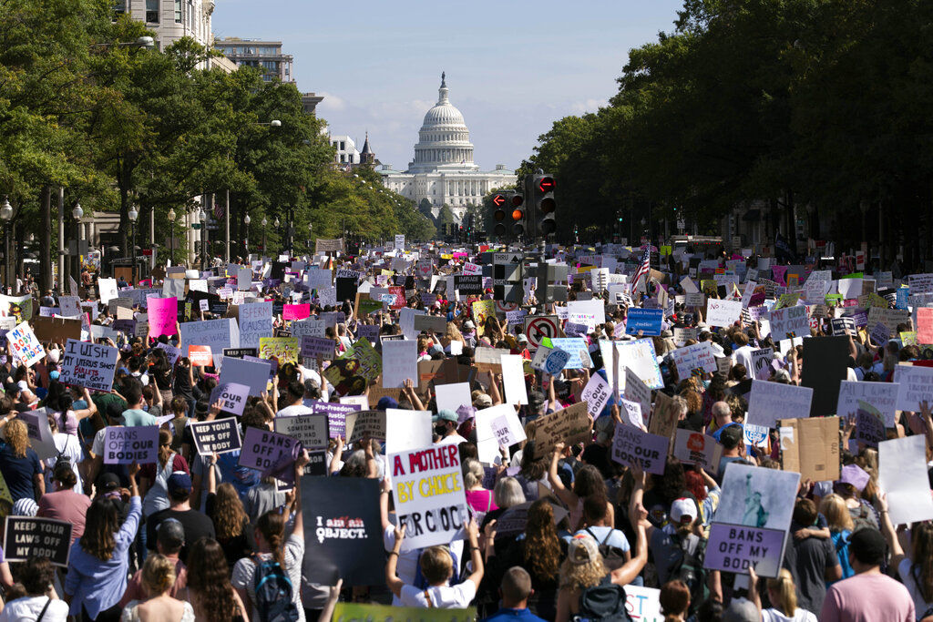 Thousands of demonstrators marched up Pennsylvania Avenue to the US Capitol to demand Congress protect abortion rights on October 2