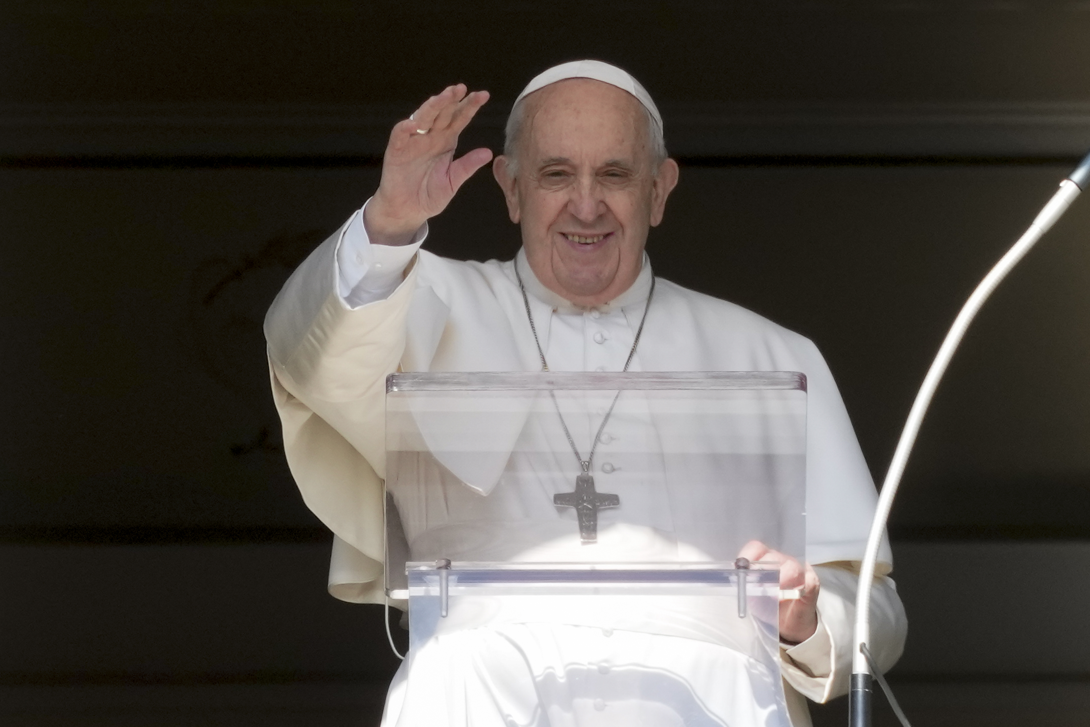 Pope Francis delivers his blessing as he recites the Angelus noon prayer from the window of his studio overlooking St.Peter’s Square, at the Vatican