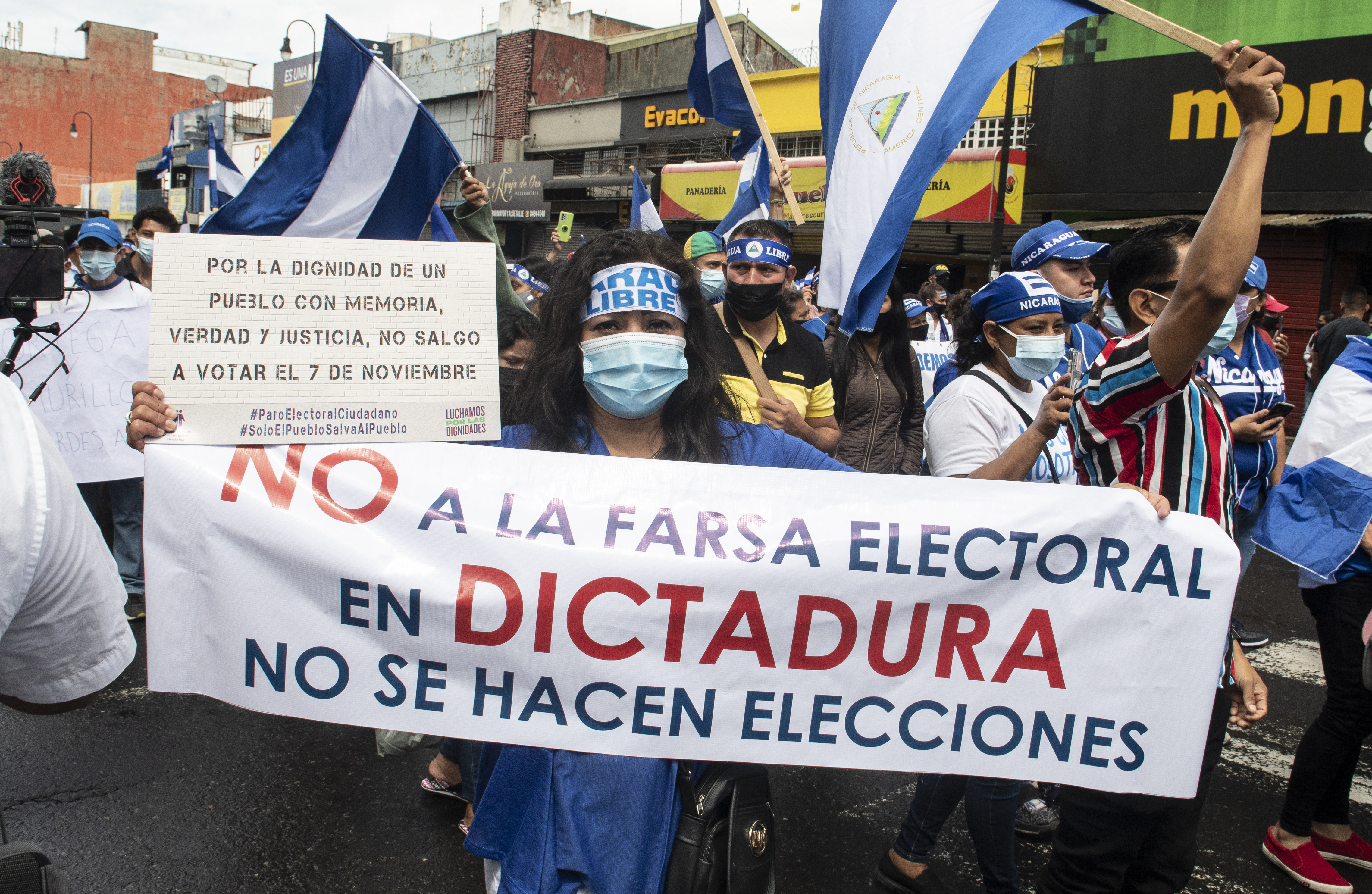 Nicaraguan citizens exiled in Costa Rica hold a demonstration against the elections