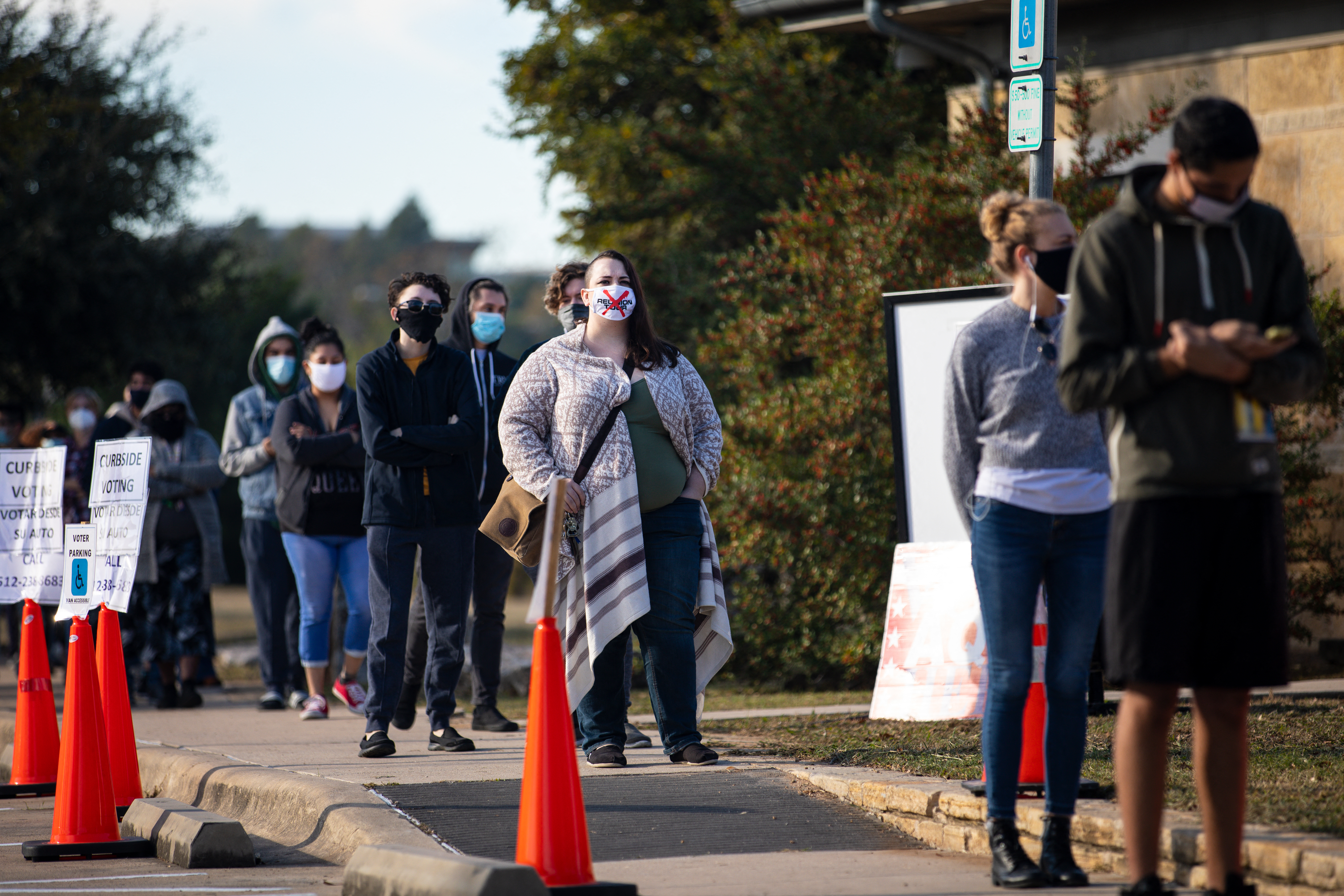 People wait in line for more than an hour to vote at Dan Ruiz Branch Library on November 3, 2020 in Austin, Texas