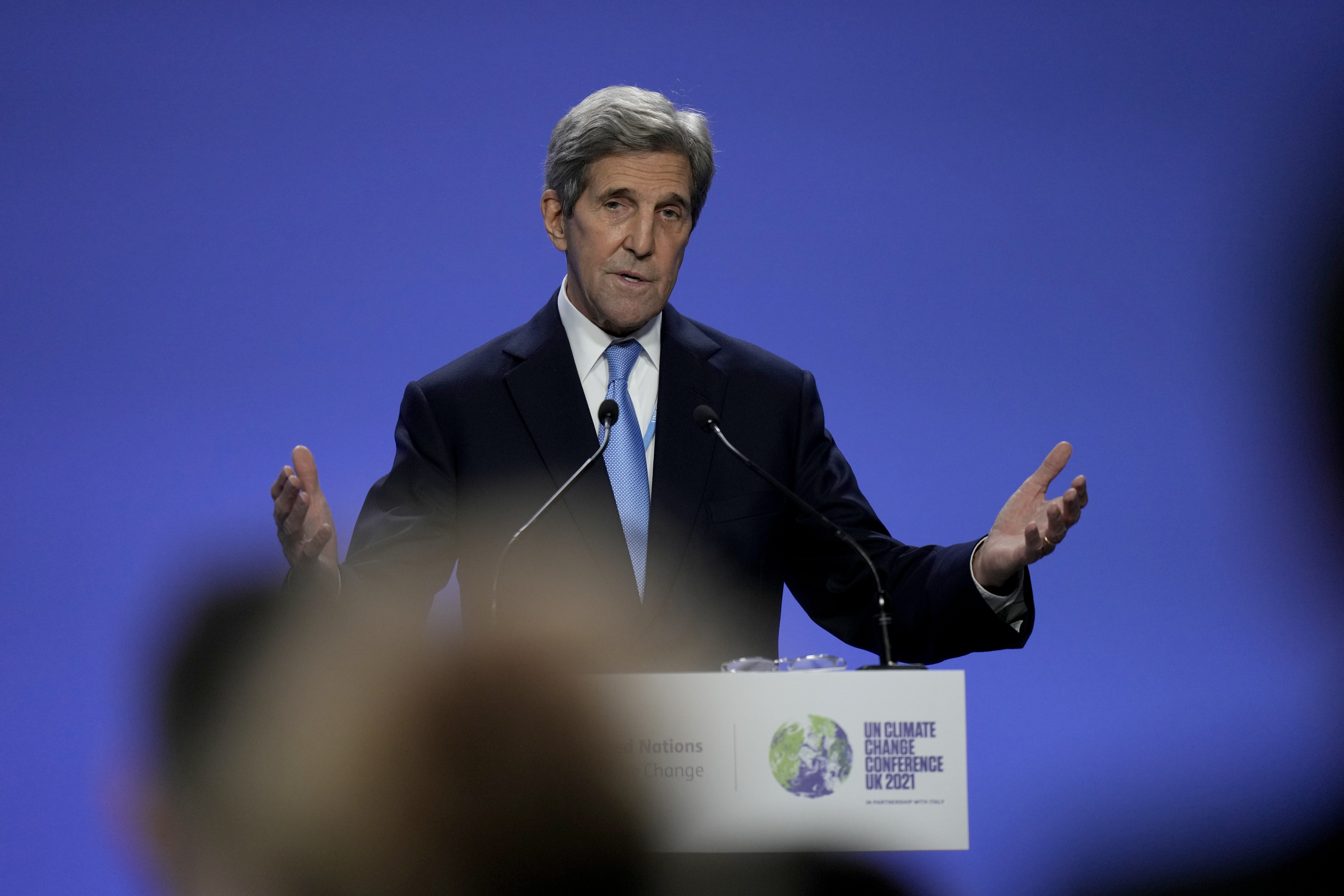 United States Special Presidential Envoy for Climate John Kerry speaks immediately after a press conference given by China’s Special Envoy for Climate Change Xie Zhenhua