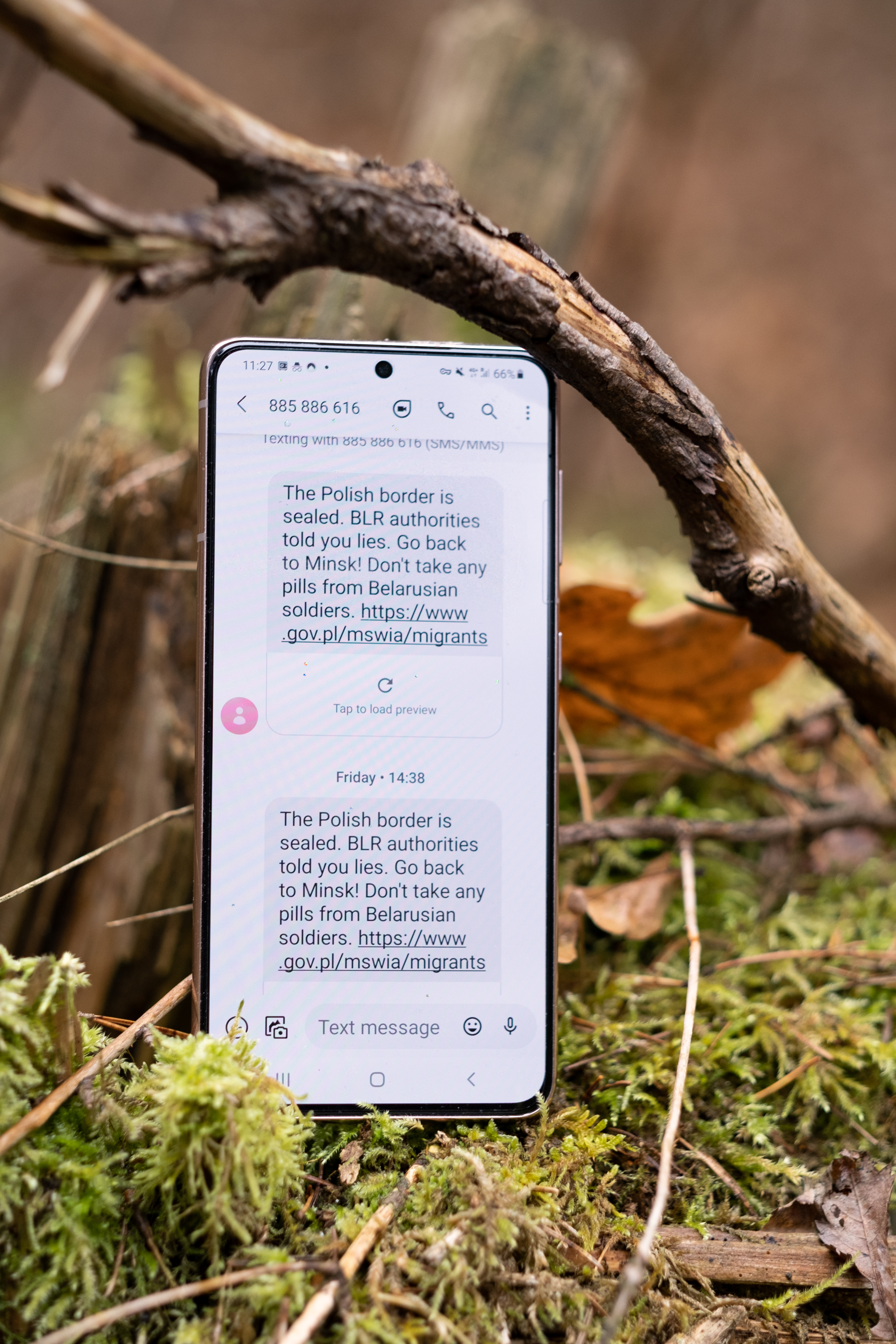 Anyone who goes near the Belarus border receives these automatic text messages. The reference to pills is related to a rumour that Belarusian security forces have given migrants opioids and psychotropic drugs