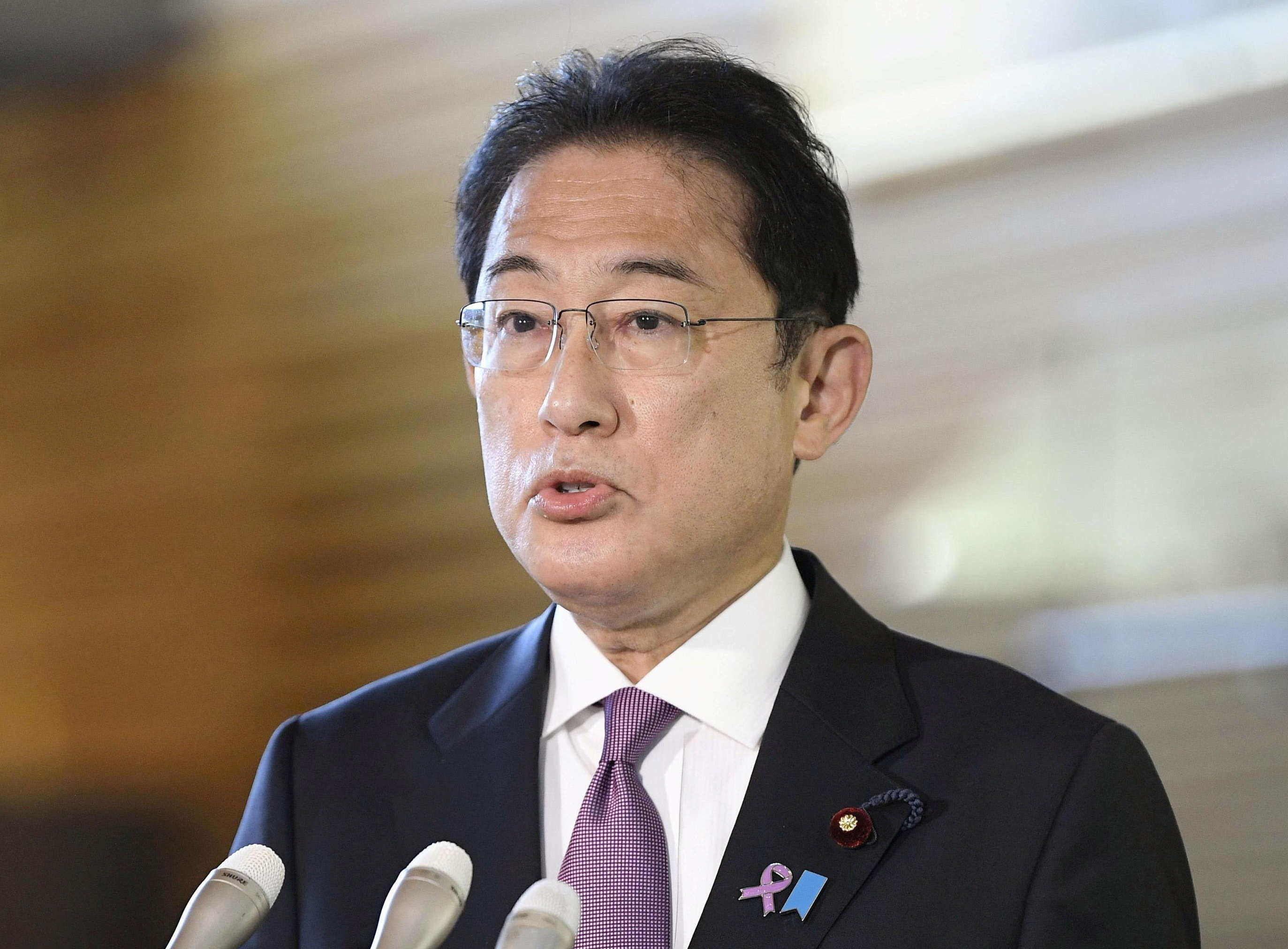 Japan’s Prime Minister Fumio Kishida speaks to media at his official residence in Tokyo