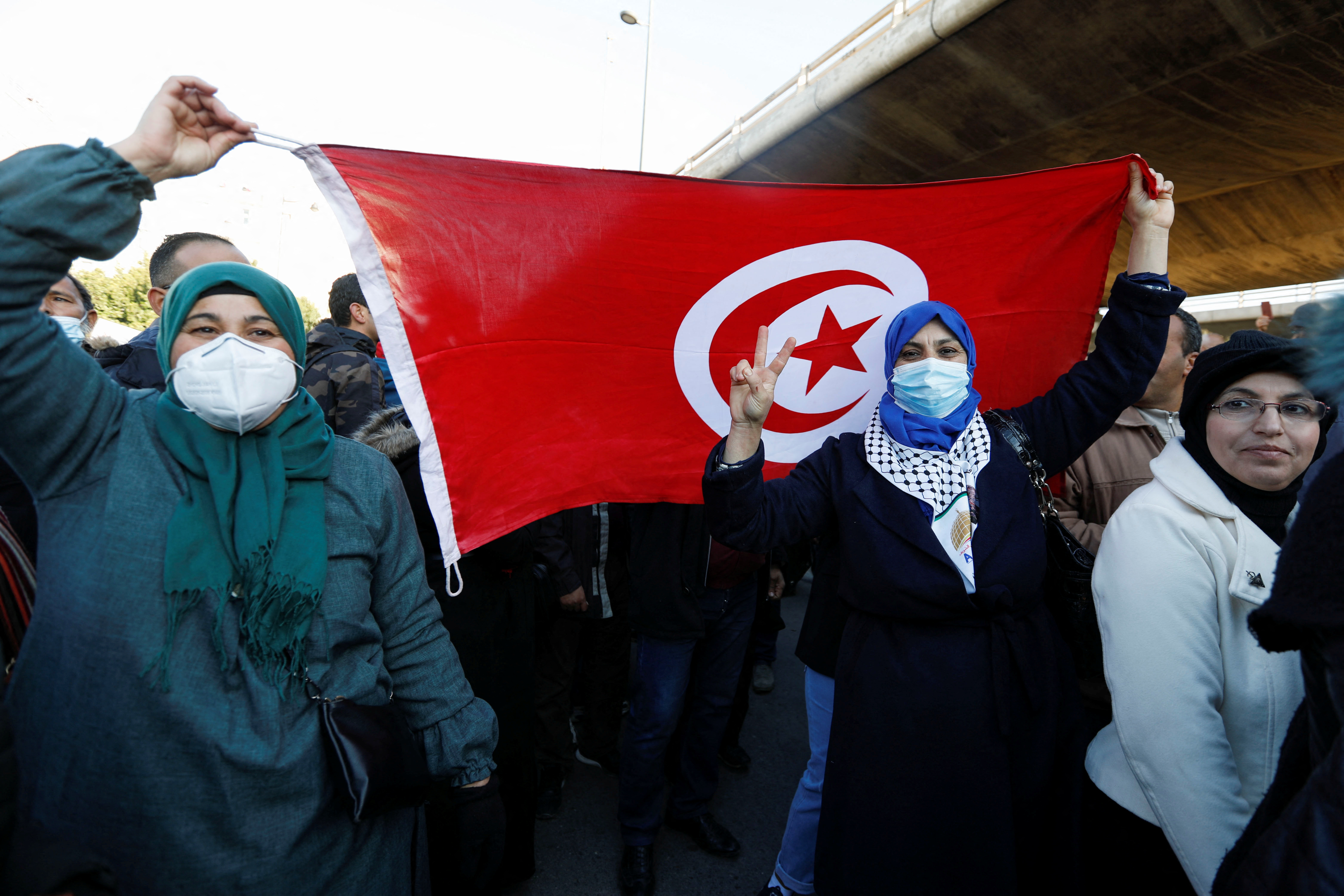 People protest against Tunisian President Saied drawing up a new constitution for a public referendum, in Tunis, Tunisia