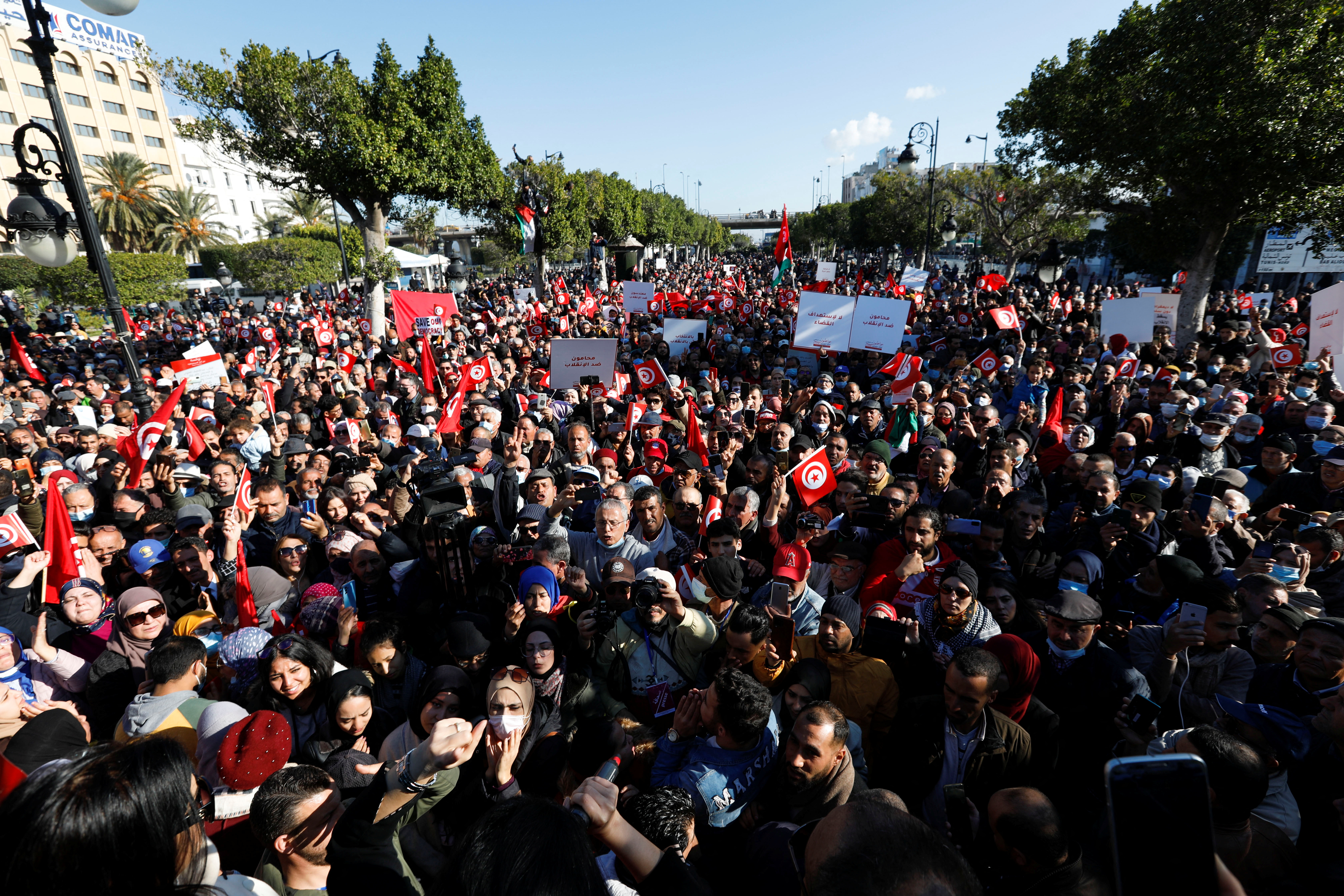 Tunisians protest against President Saied’s seizure of governing power in Tunis, Tunisia
