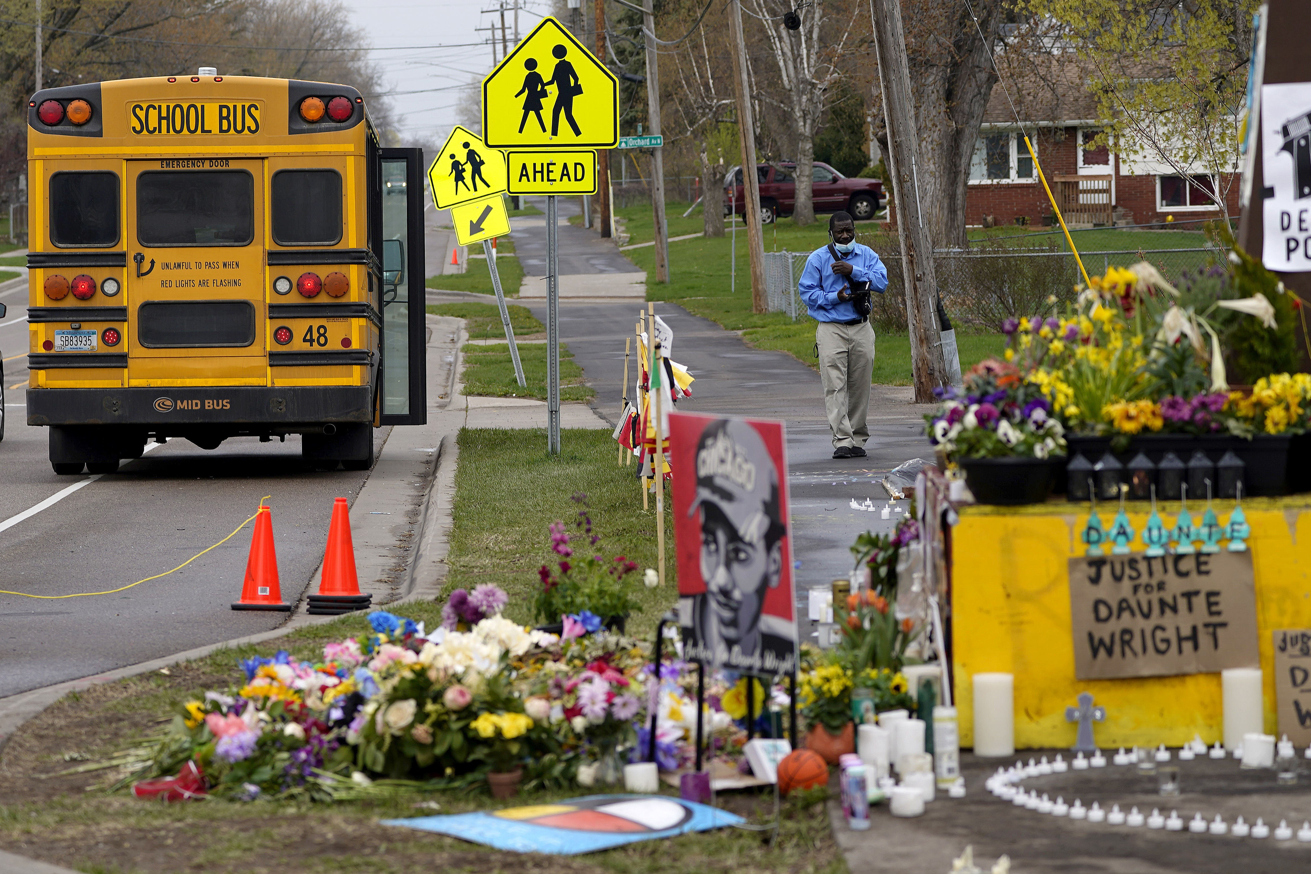A makeshift memorial is seen at the site where Daunte Wright was killed by police officer Kim Potter