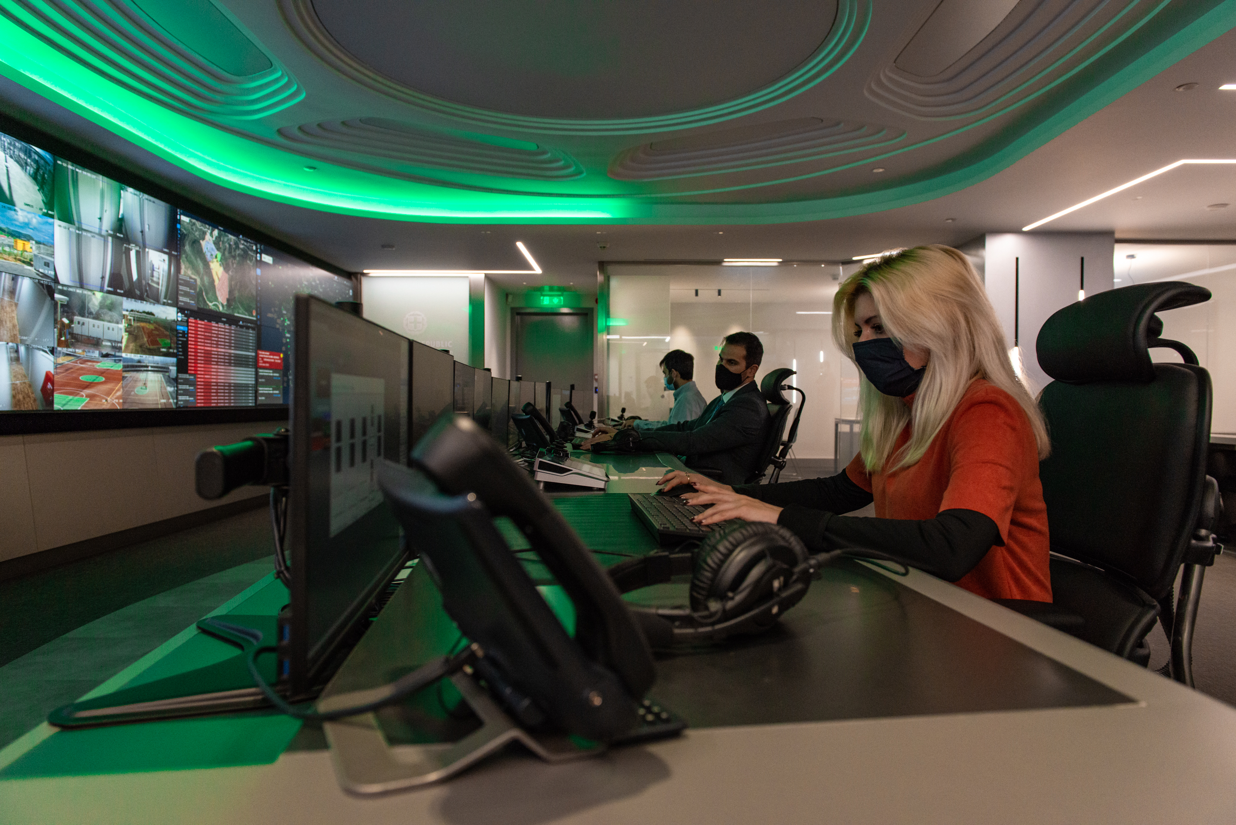Control room operators simulate an emergency protocol at the Ministry of Migration and Asylum in Athens, Greece