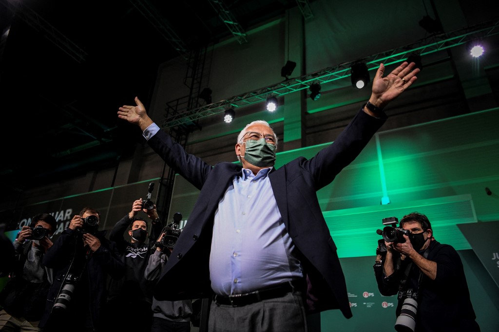 Prime Minister Costa gestures as he delivers a speech during a campaign rally in Lisbon