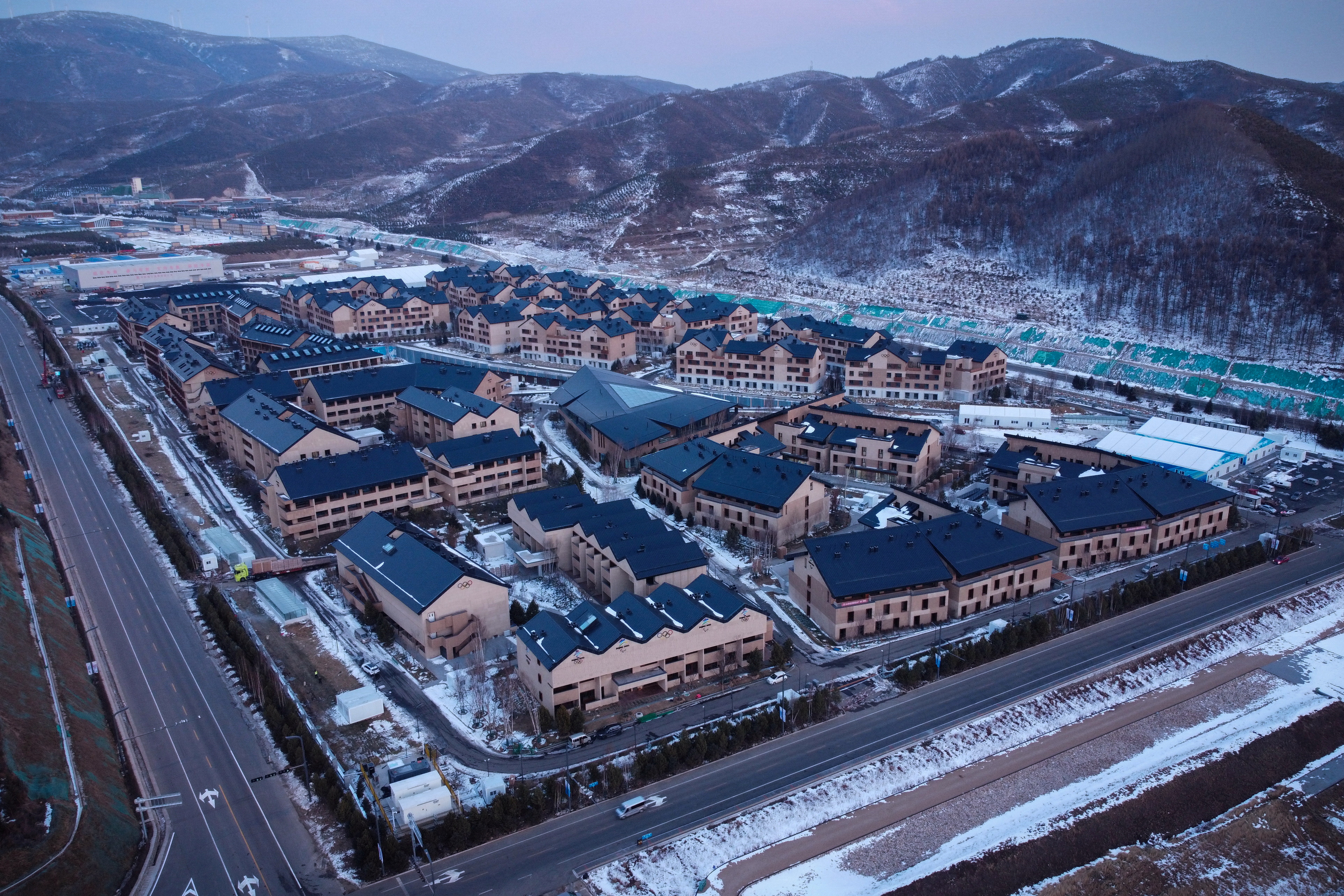 An aerial view shows the Zhangjiakou Winter Olympic Village athletes’ village for the Beijing 2022 Winter Olympics in Zhangjiakou, Hebei province, China, November 20, 2021.