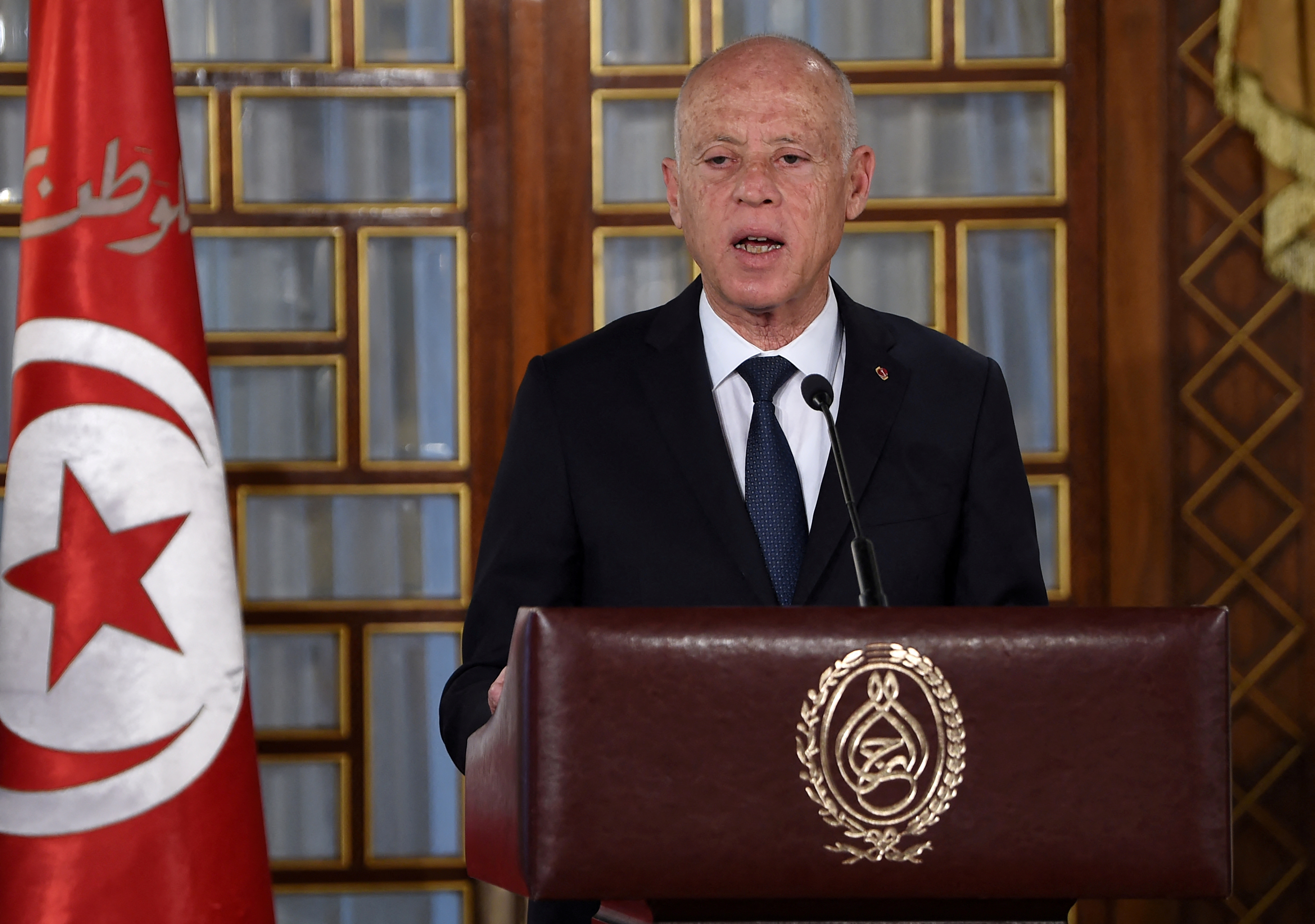 Tunisia's President Kais Saied gives a speech at the government's swearing-in ceremony at the Carthage Palace outside the capital Tunis, Tunisia